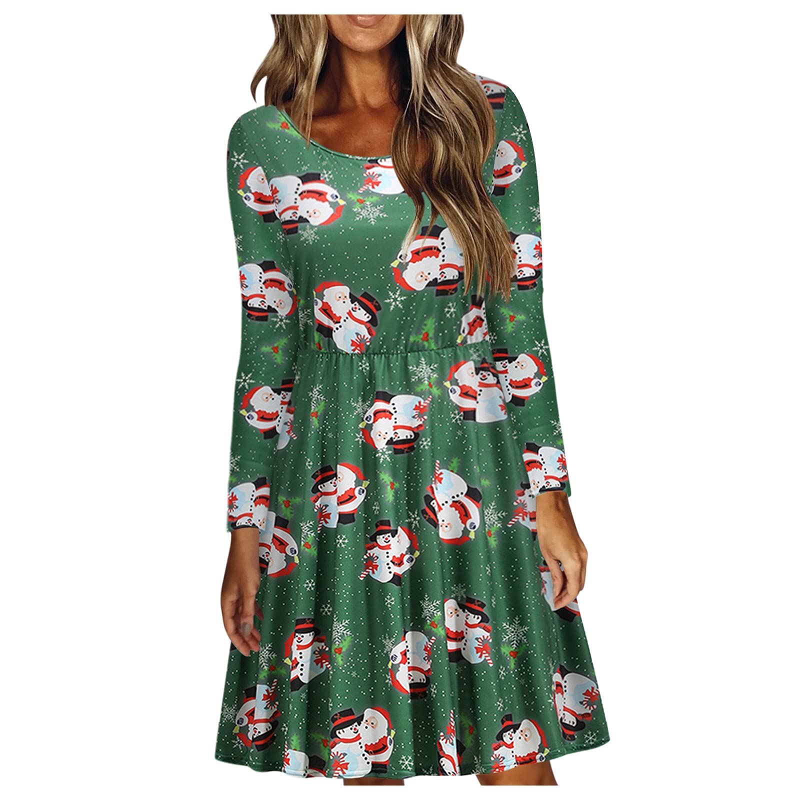 Women's Christmas Party Dresses Long Sleeve Round Neck Printed Casual Loose Fit Elegant Holiday Dress for Winter Festive Gatherings & Office Celebrations