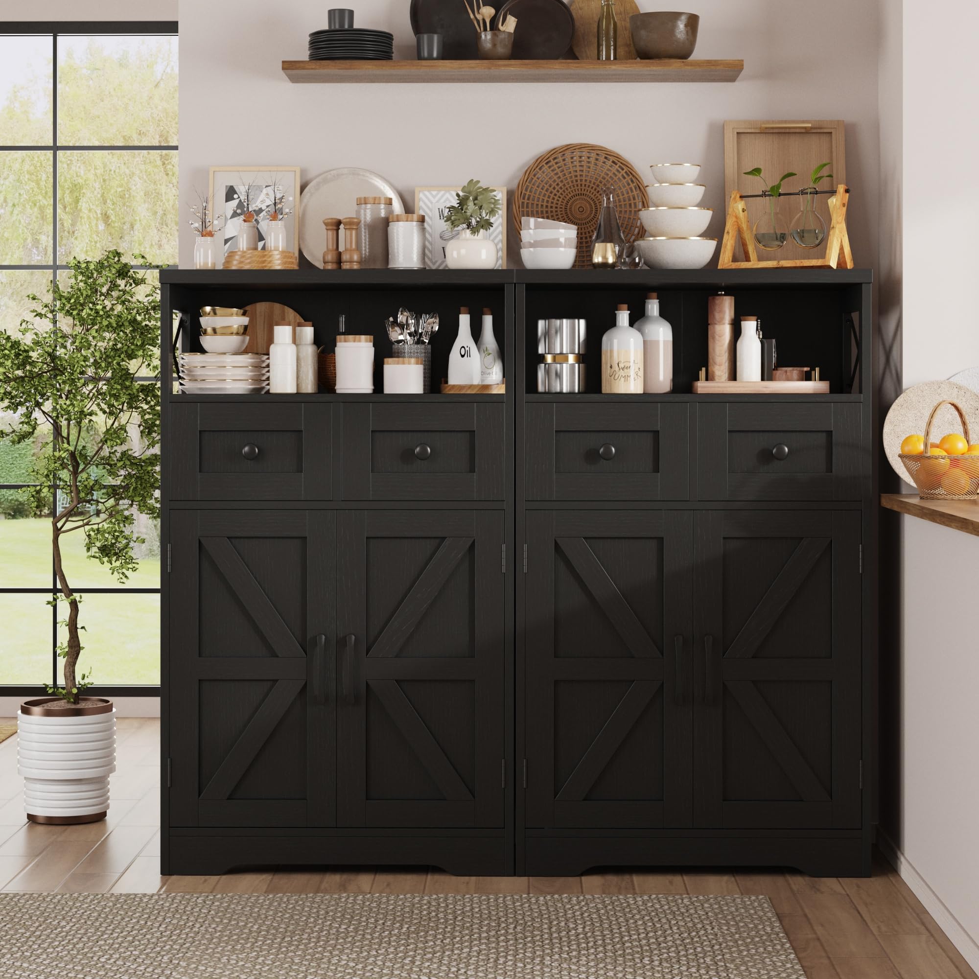 Black Farmhouse Kitchen Pantry Cabinet with Doors & Shelves - Freestanding Floor Hutch Cupboard for Coffee Bar Storage - Perfect for Kitchen, Laundry Room & Living Room Organization