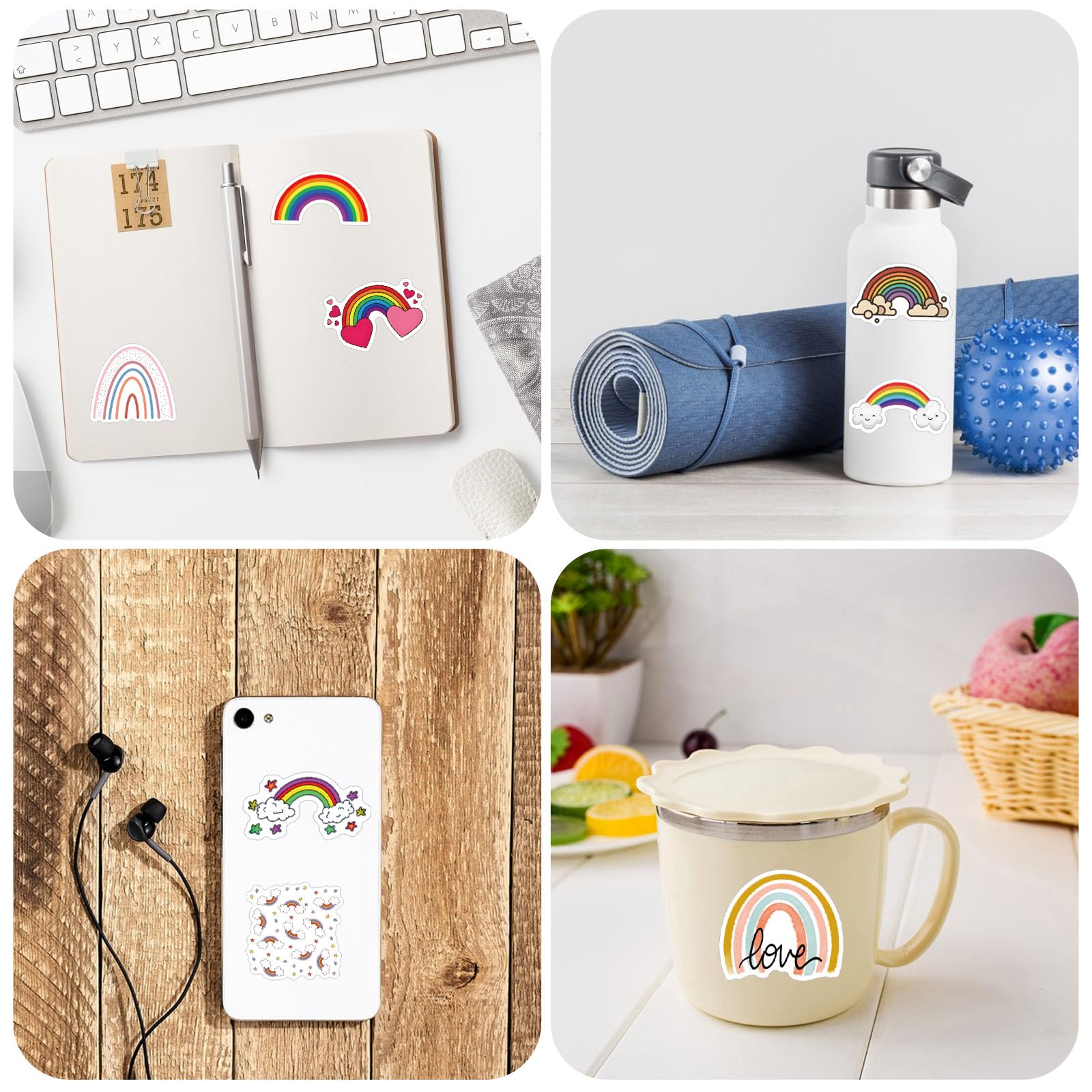 60 Pcs Rainbow Stickers - Colorful Waterproof Vinyl Decals for Water Bottles, Laptop, Luggage, Skateboard & Scrapbooking | Boho Aesthetic Stickers for Kids, Tablet, Cup & Notebook | Perfect for DIY Crafts, School Supplies & Personalizing Belongings