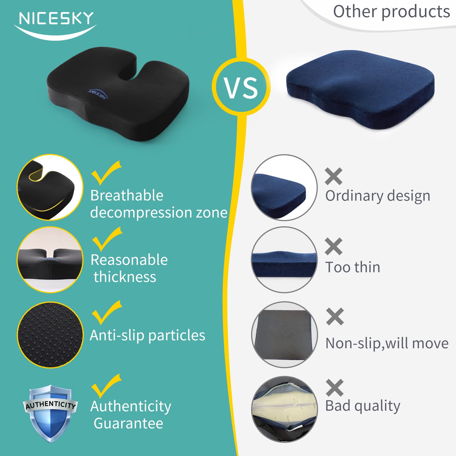 NICESKY Memory Foam Seat Cushion for Sciatica & Tailbone Pain Relief - Posture Support Chair Pad for Office, Car, Computer Desk - Ergonomic Comfort Pillow for Back & Butt Pain - Perfect for Work, Driving & Long Sitting Sessions