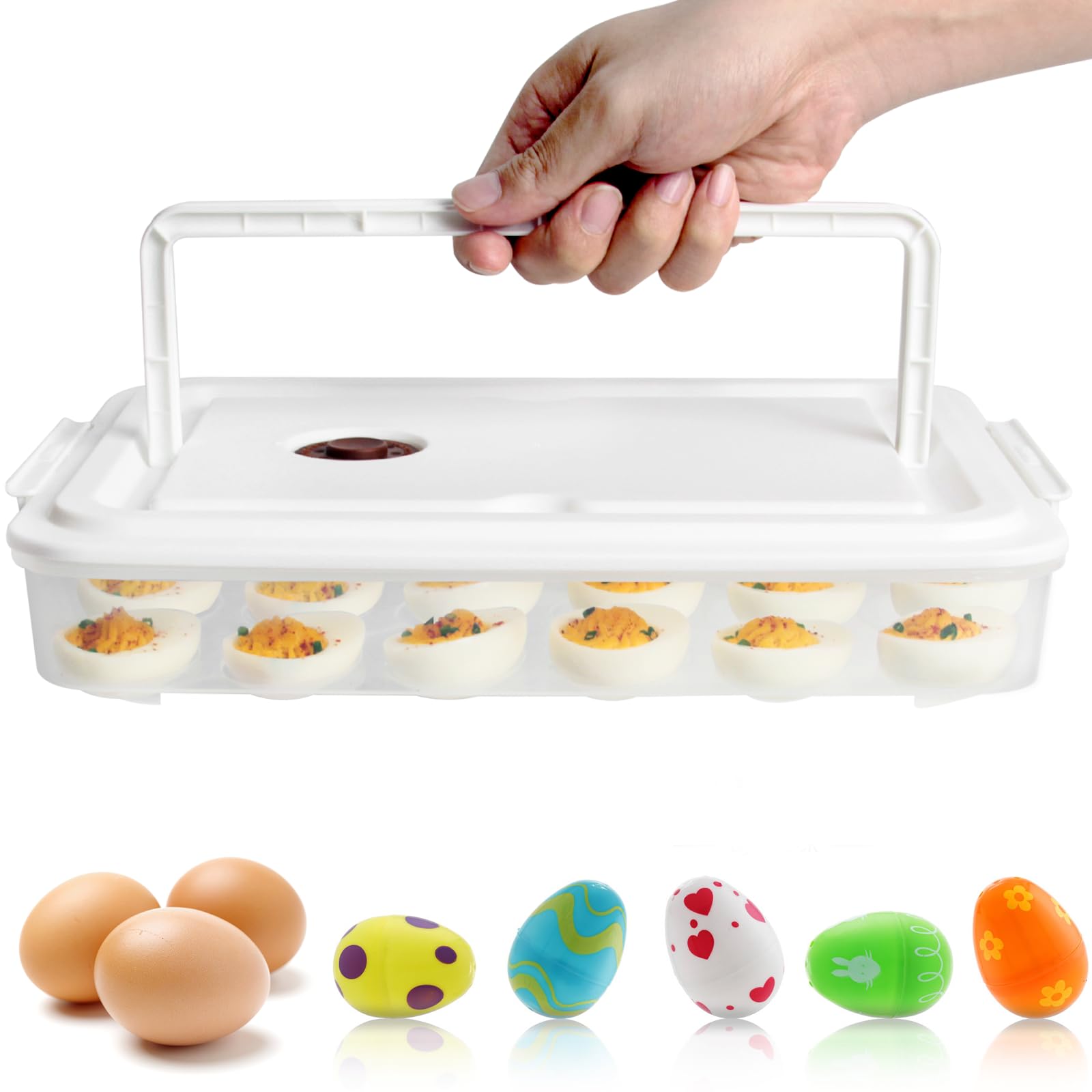 77L Plastic Deviled Egg Container with Lid & Handle - Holds 24 Eggs, Clear Storage Tray for Fridge & Travel - Perfect for Picnics, Parties, Potlucks & Easter Celebrations (White)
