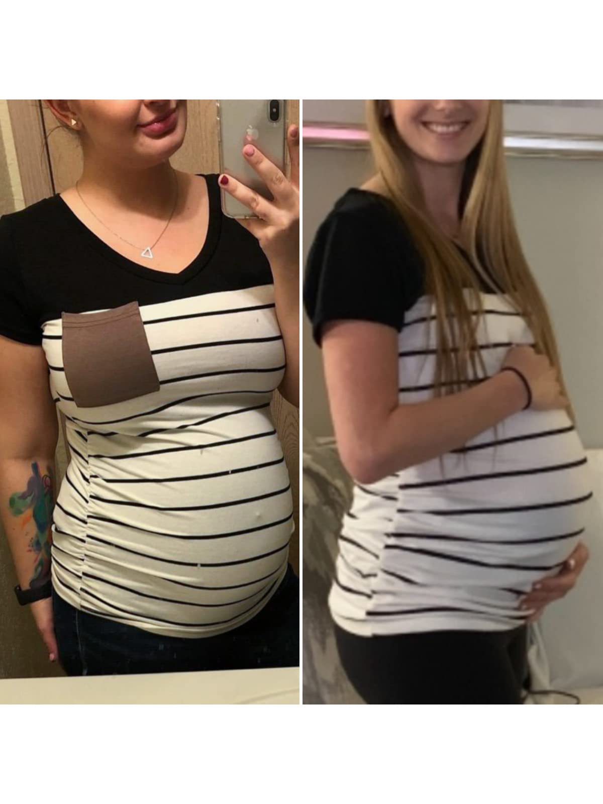 Ecavus Women's Casual Maternity T-Shirts - Soft Short Sleeve V-Neck Colorblock Pregnancy Tops with Pocket | Comfortable for Daily Wear, Maternity Photos & Nursing