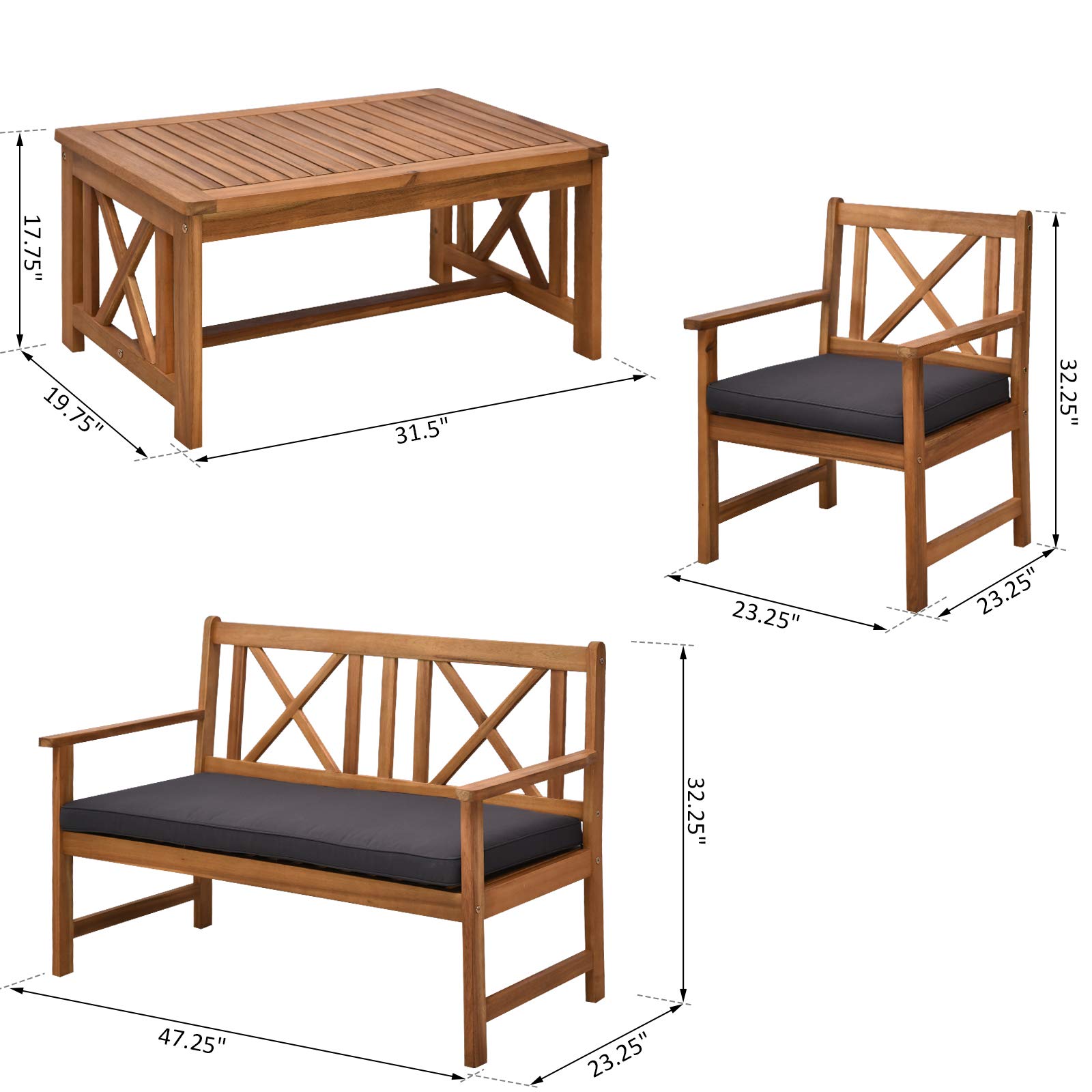 Outsunny 4-Piece Acacia Wood Patio Furniture Set with 2 Armchairs, 1 Sofa & Coffee Table - Includes Cushions - Perfect for Outdoor Garden, Backyard, Poolside & Balcony Relaxation
