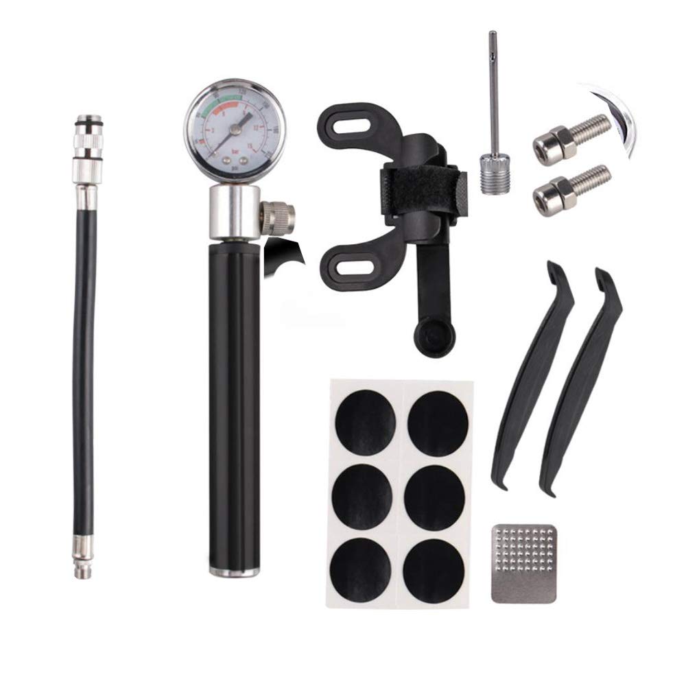 St. Mensch Portable Bicycle Pump with Pressure Gauge - 210 PSI Mini Bike Pump for Road & Mountain Bikes - Presta & Schrader Valve Compatible - Includes Puncture Repair Kit - Perfect for Cycling, Commuting and Inflatable Toys