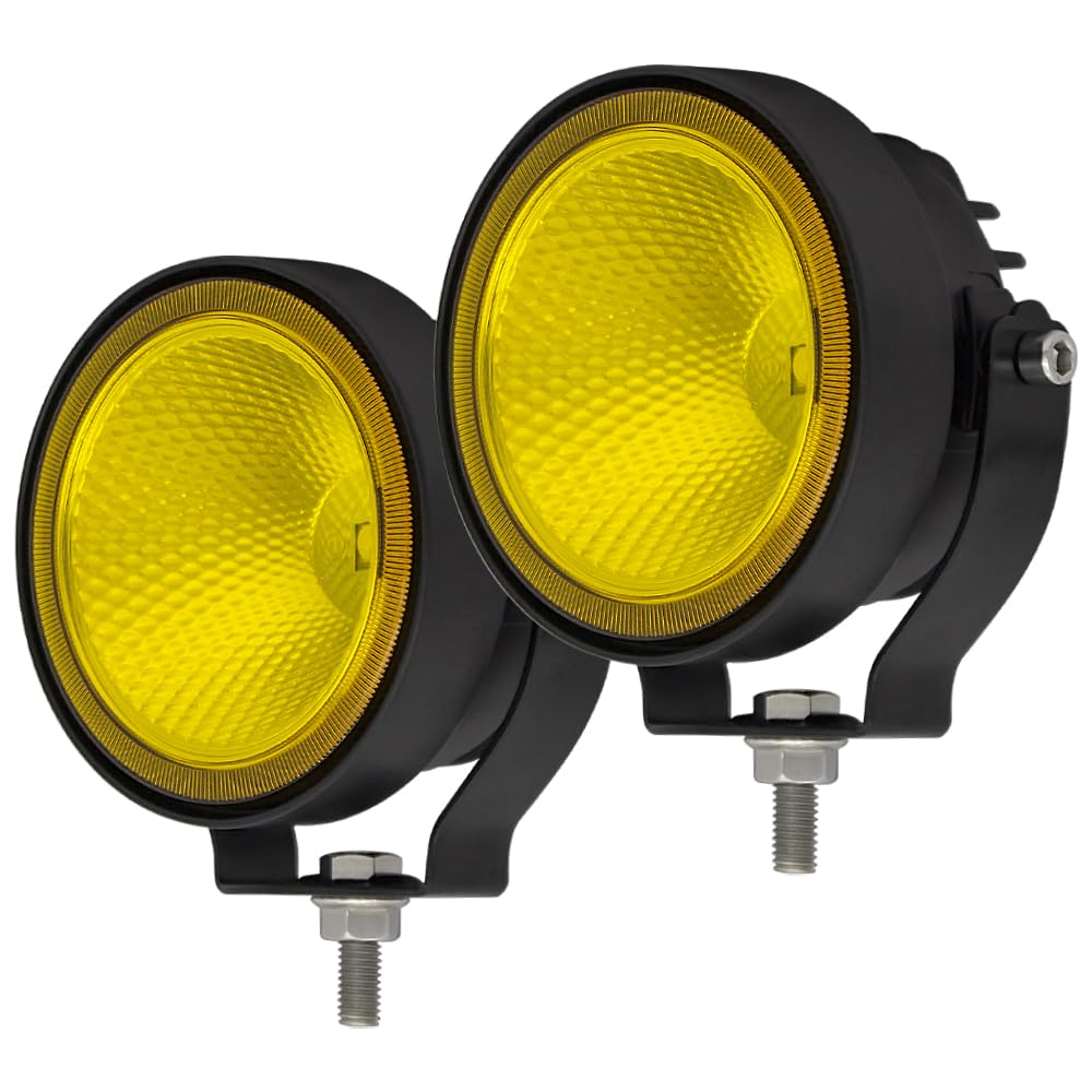 4 Inch Round Yellow LED Off-Road Fog Lights - 2Pcs Super Bright Flood Beam Auxiliary Pod Lights for Motorcycle, ATV, SUV, UTV, Truck, Tractor & Trailer - Perfect for Night Driving, Off-Road Adventures & Work Sites
