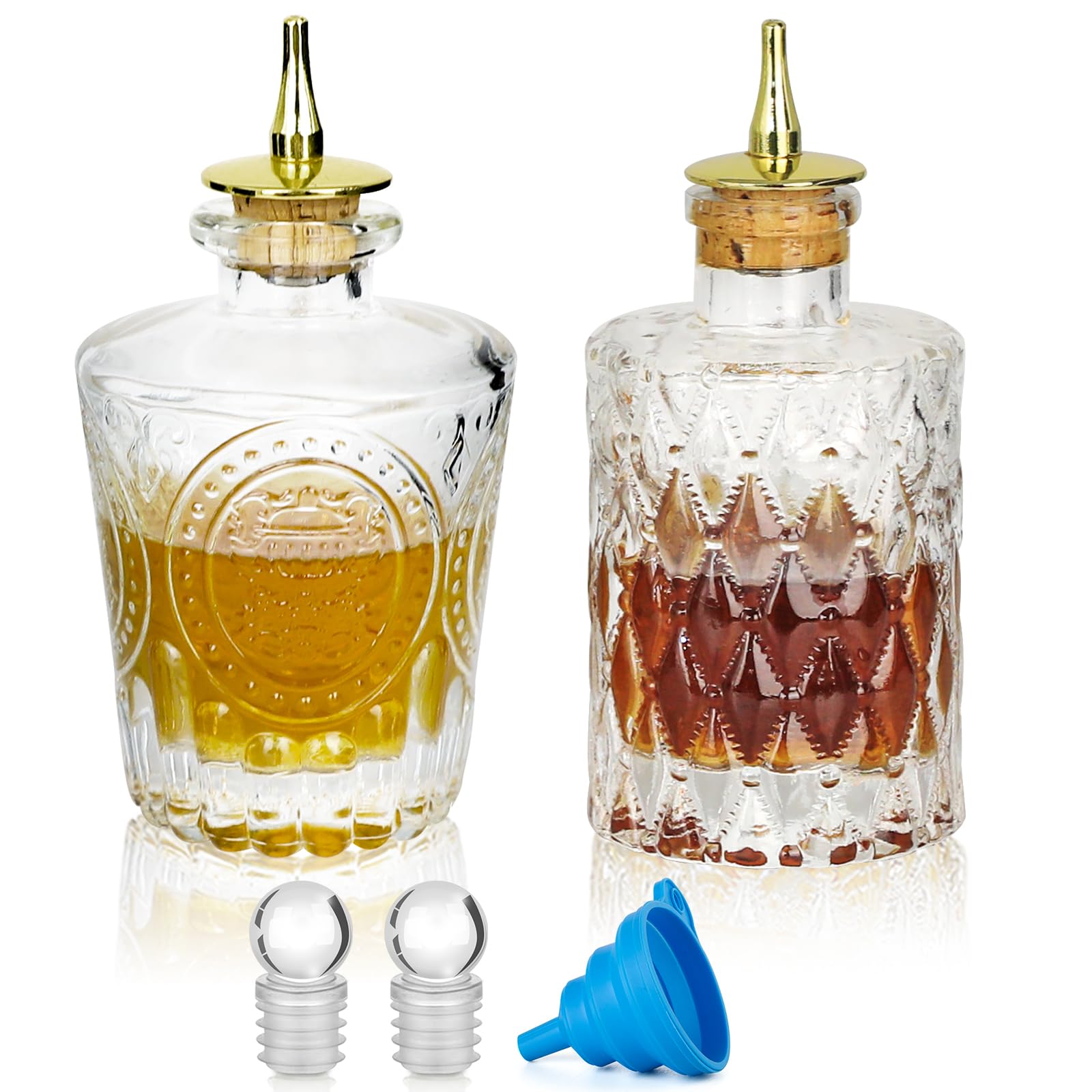 Premium Glass Bitters Bottle Set of 2 - Cocktail Dasher Bottles with Gold Dash Tops | Elegant Barware for Mixing Old Fashioned, Manhattan & Craft Cocktails | Perfect Home Bar Accessory & Gift for Bartenders