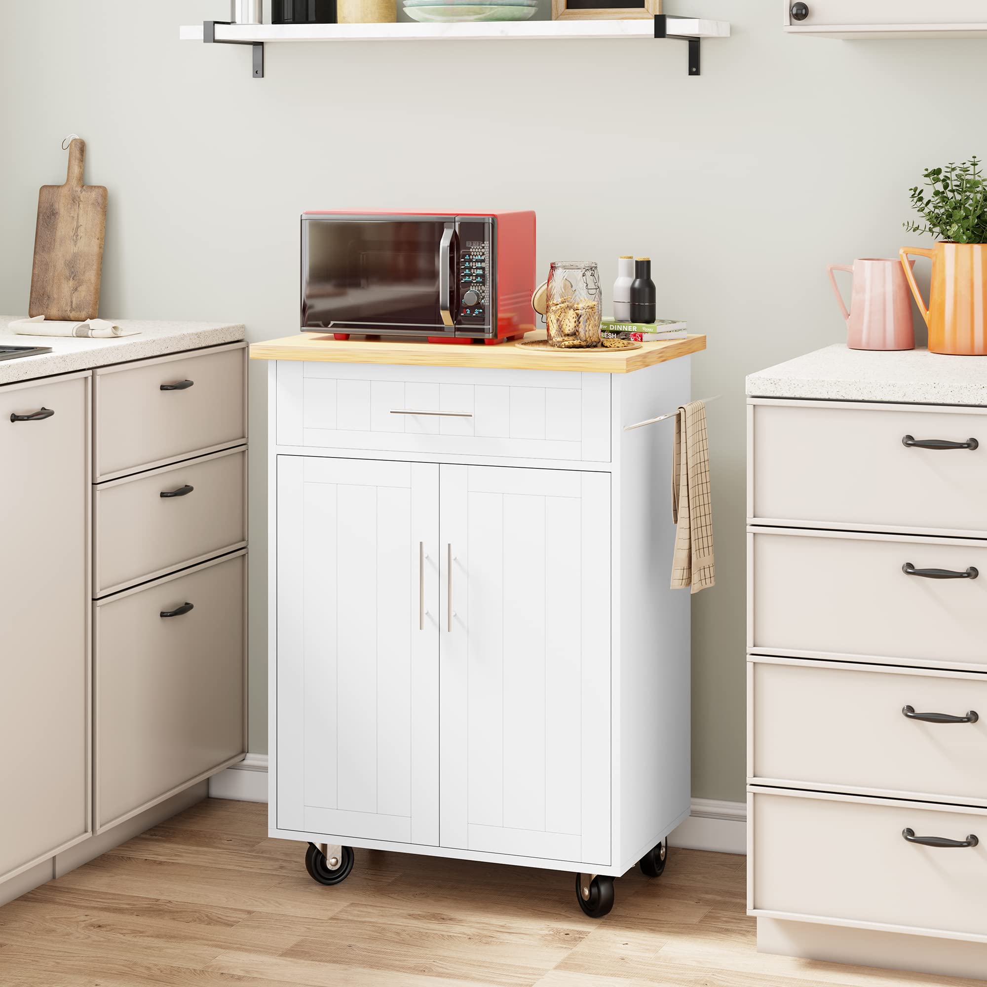 Shintenchi White Kitchen Island Cart with Storage - Rolling Side Table with Wheels, Large Worktop, Cabinet, Towel Rack & Drawers for Kitchen & Dining Room | Perfect for Meal Prep, Extra Counter Space & Small Apartment Living