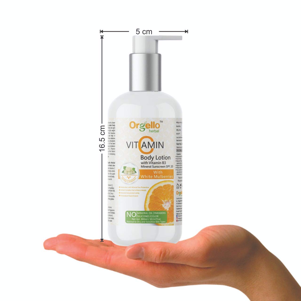 Orgello Herbal Vitamin C Body Lotion with SPF | Mineral Sunscreen Moisturizer (300ml) | Niacinamide, Licorice & Flax Seed Oil | Paraben-Free Skincare | Perfect for Daily Sun Protection & Hydration
