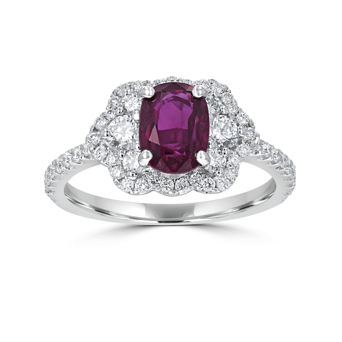 18KT Gold 1.60 CT Ruby & 0.62 CTW Diamond Scallop Cluster Halo Engagement Ring - Perfect for Weddings, Anniversaries & Special Occasions