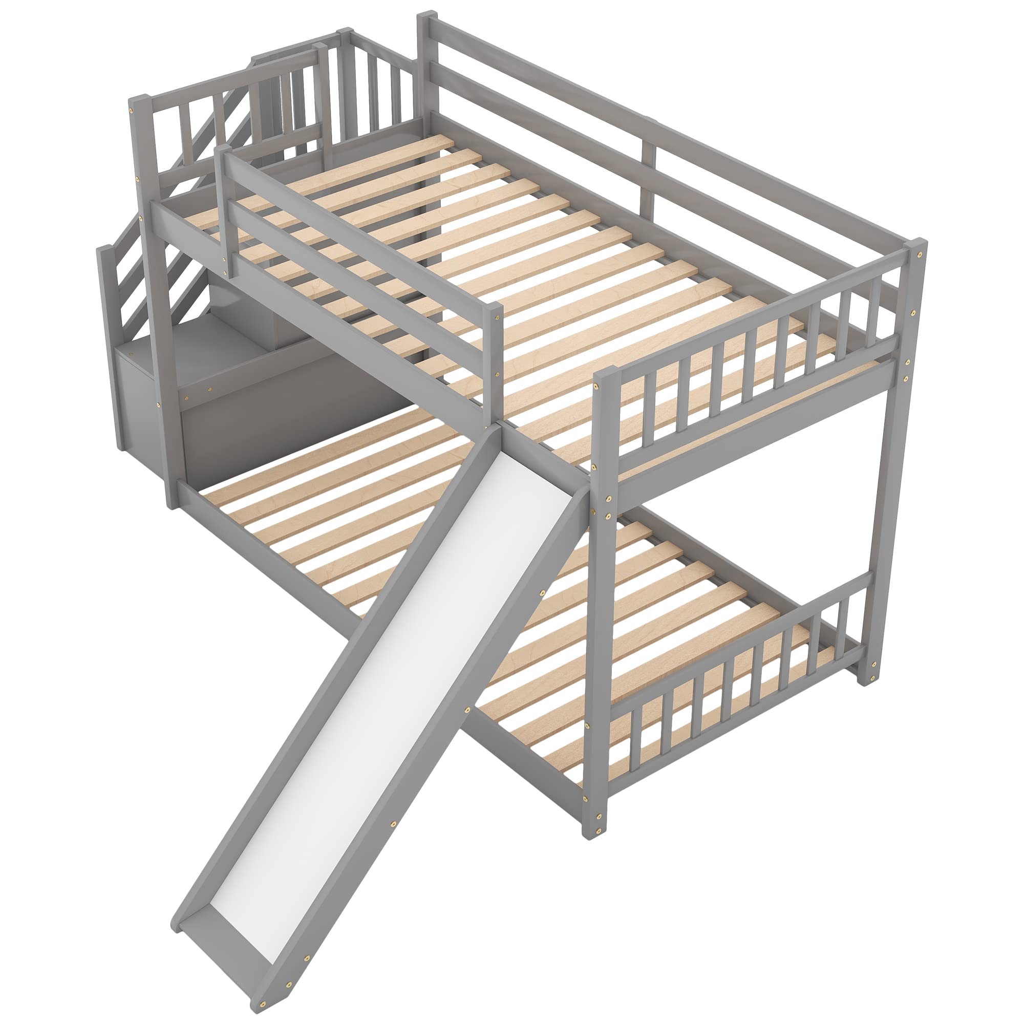 **Twin Over Twin Bunk Bed with Slide & Storage Staircase - Wooden Kids Bunk Bed Frame with Guardrails, No Box Spring Needed, Grey - Perfect for Kids' Bedrooms, Guest Rooms & Space-Saving Solutions**