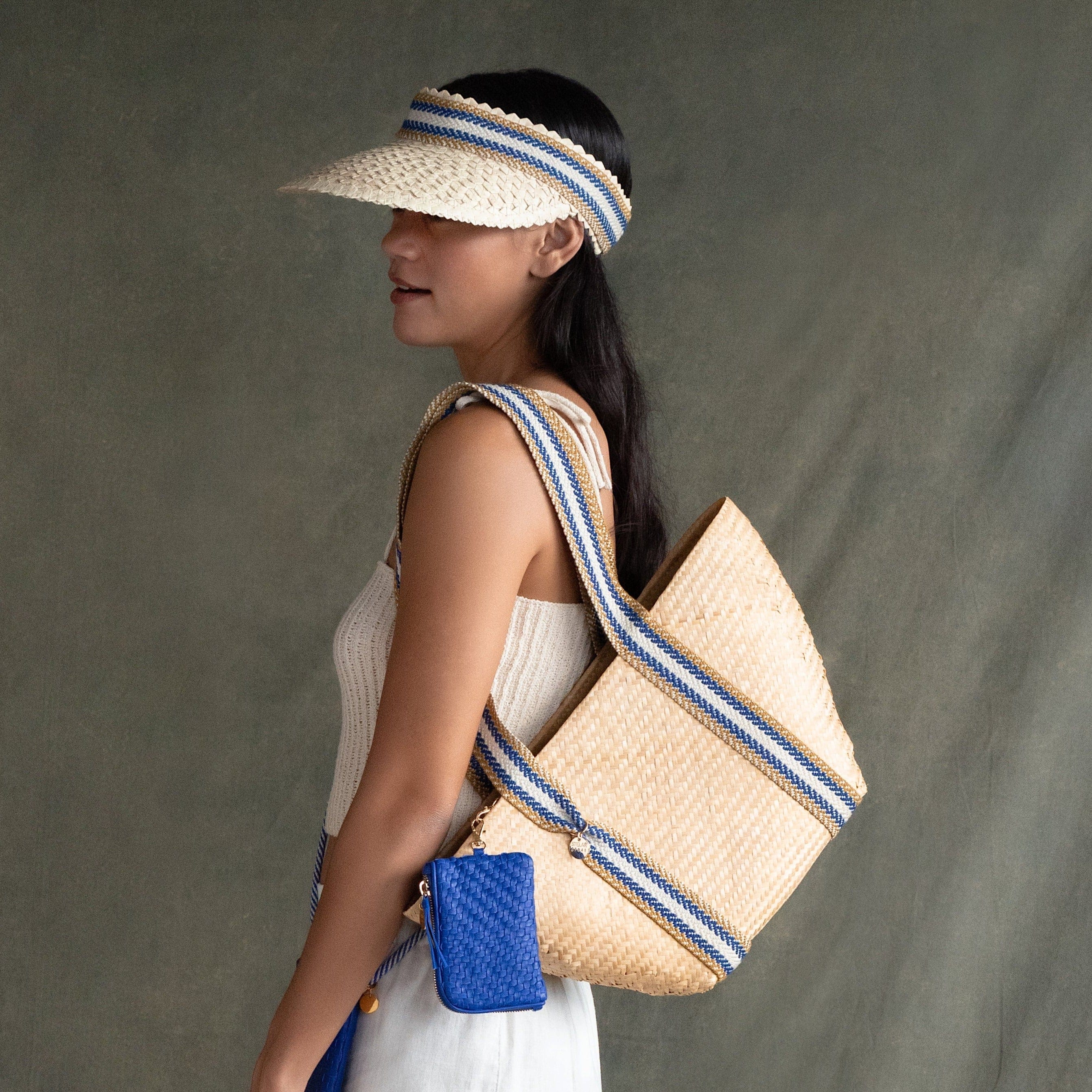 Eco-Friendly Bamboo Vegan Medium Tapered Tote Bag - Natural & Blue Stripe for Work, Shopping & Beach Day Essentials