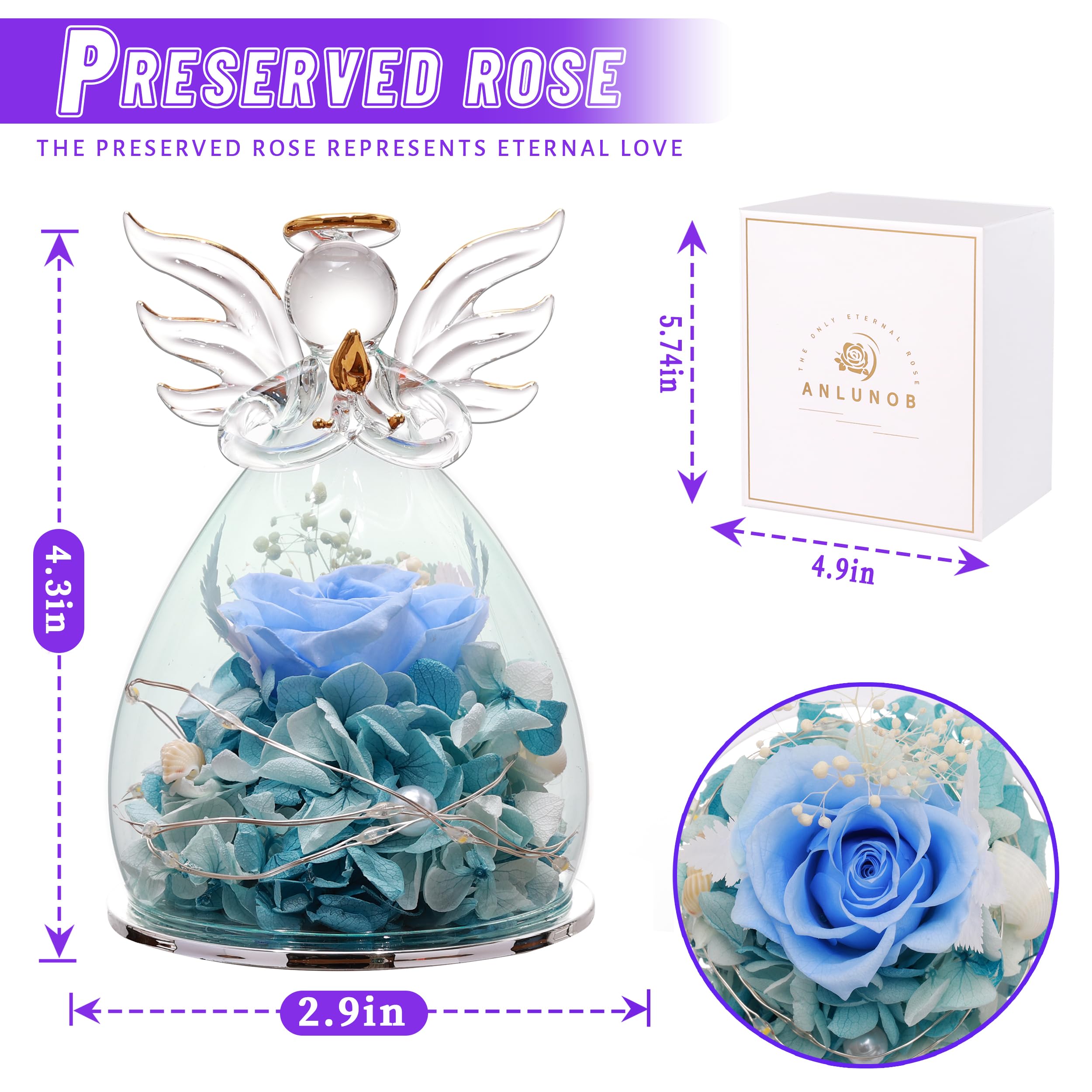 ANLUNOB Blue Rose in Angel Glass Cover with LED Light - Mother's Day, Birthday, Valentine's, Anniversary & Wedding Gift for Women, Grandma - Perfect for Home Decor, Romantic Surprises & Special Occasions
