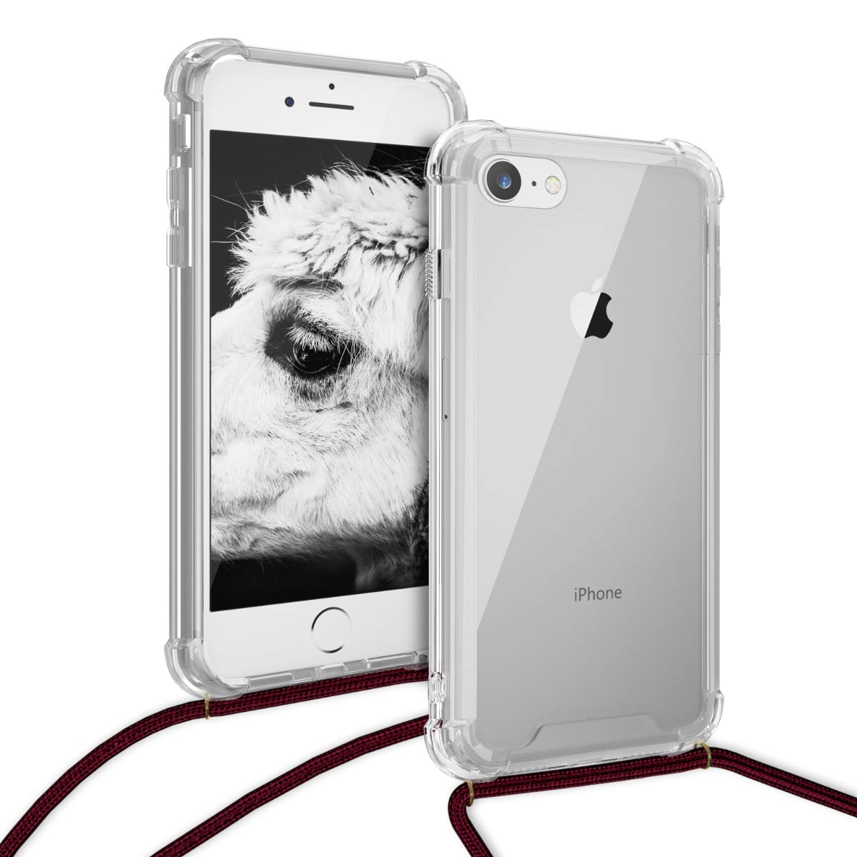 kwmobile Clear TPU Crossbody Phone Case Compatible with Apple iPhone SE (2022/2020), iPhone 8 & iPhone 7 - Protective Cover with Adjustable Lanyard Strap (Dark Red/Transparent) - Perfect for Travel, Shopping & Outdoor Activities