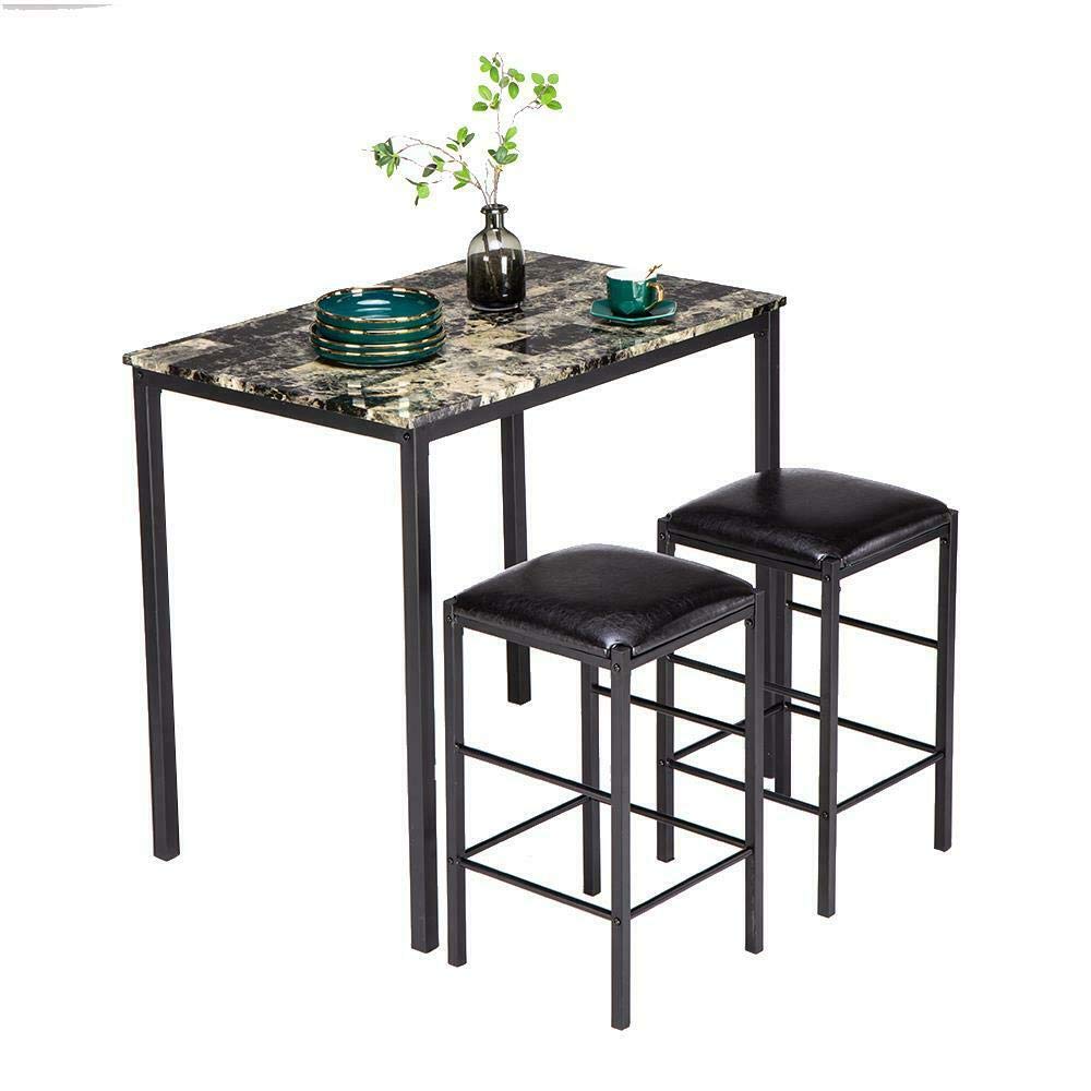 Compact 3-Piece Marble Dining Table Set with 2 Leather Chairs - Space-Saving Breakfast Nook for Small Kitchen, Living Room, Patio, Balcony or Terrace - Perfect for Coffee, Meals & Home Decor