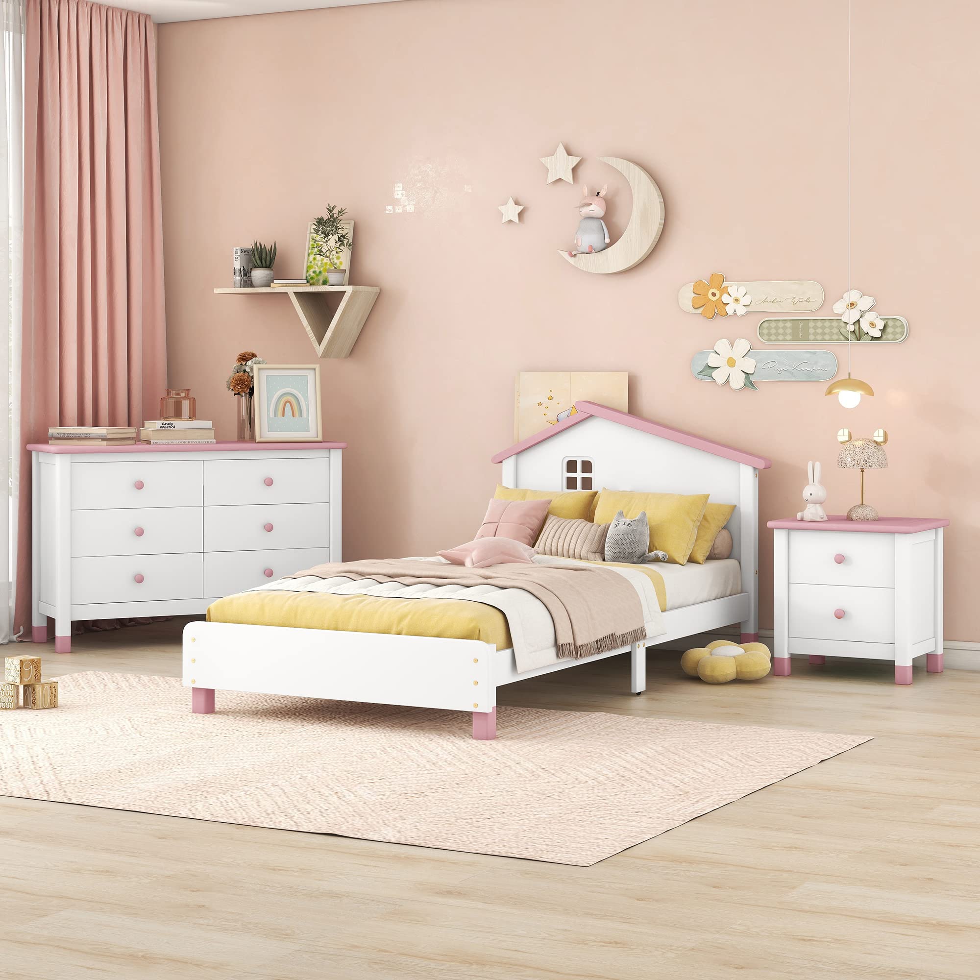 Harper & Bright Designs 3-Piece Twin Size Wooden Bedroom Set - Platform Bed with Nightstand & Storage Dresser for Kids, Teens & Adults (White+Pink) | Modern Space-Saving Bedroom Furniture for Small Rooms & Apartments