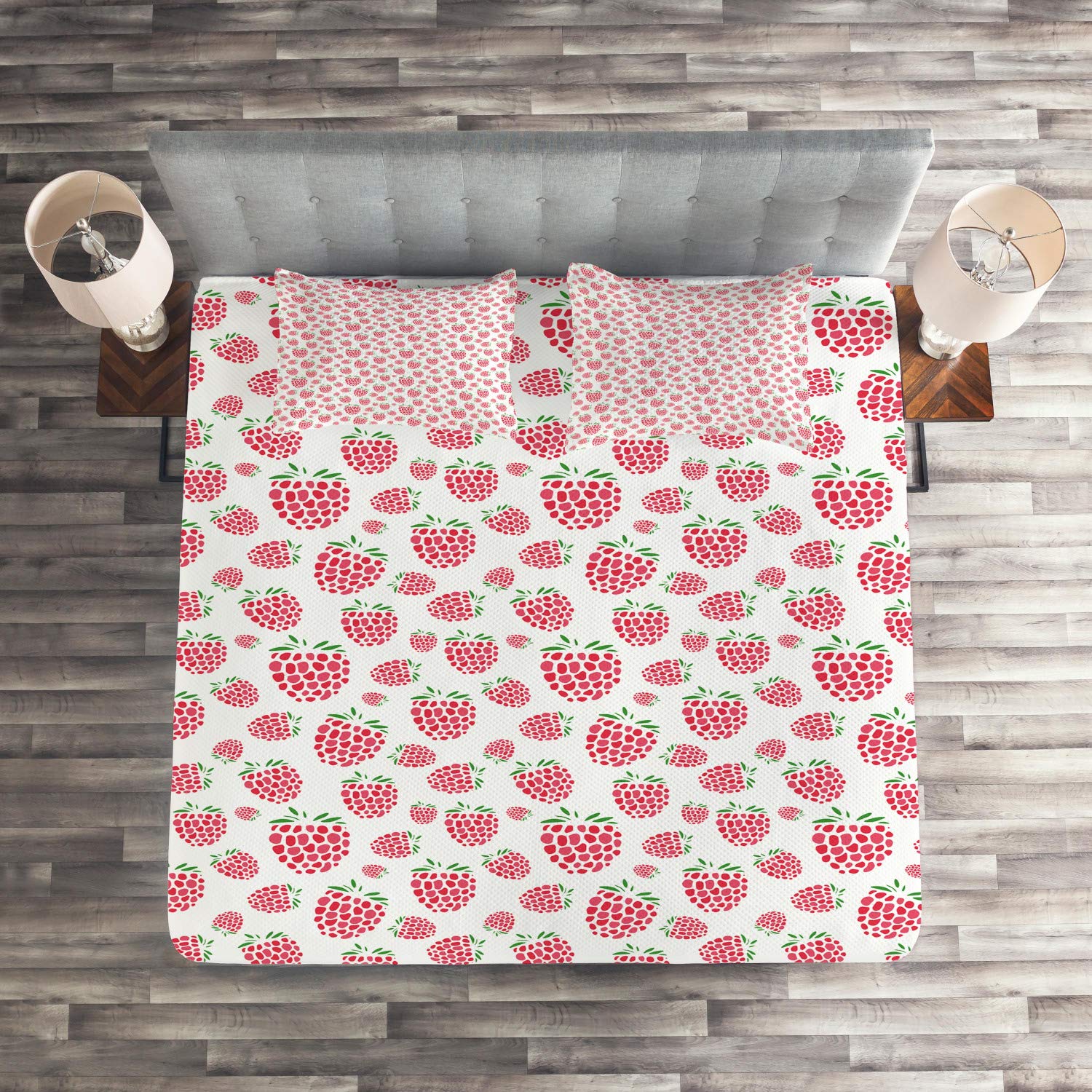 Ambesonne 3-Piece King Size Quilted Bedspread Set with 2 Pillow Shams - Summer Raspberry Fruit Pattern in Dark Coral, Fern Green & White - Soft Decorative Coverlet for Bedroom, Guest Room & Dorm
