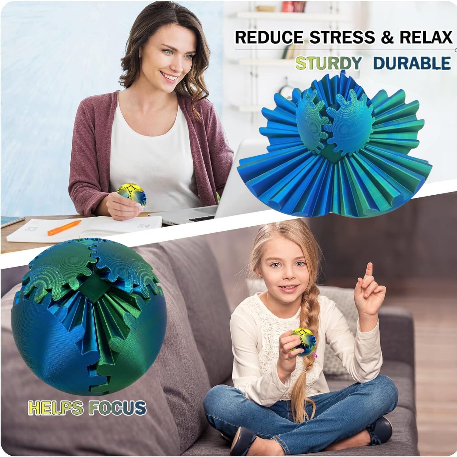 4.2in 3D Printed Gear Ball Fidget Toy - Stress Relief & Anxiety Relaxation Desk Toy for Adults & Kids (Laser Green Blue) | Perfect for Office, Classroom, Travel & ADHD Focus Aid