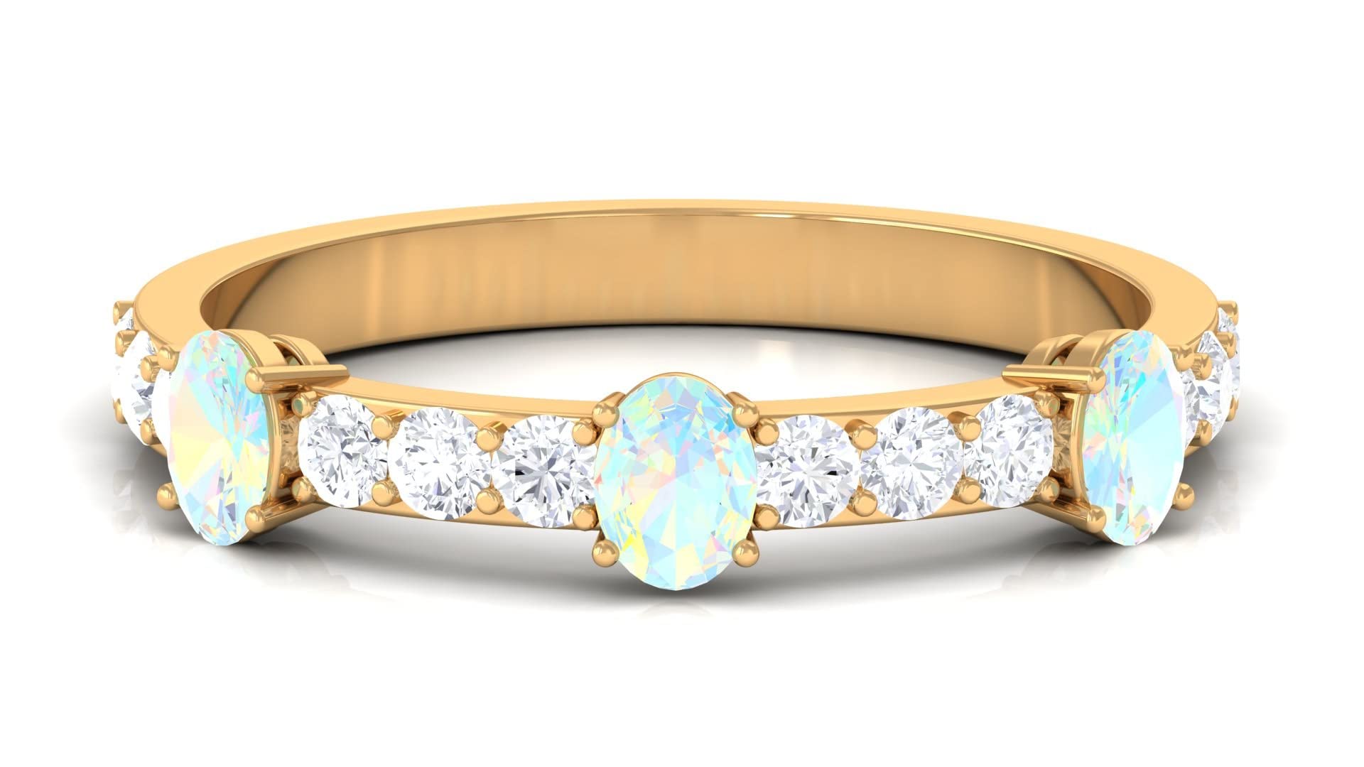 Ethiopian Opal & Moissanite Half Eternity Ring for Women - 14K Solid Gold Oval Opal Semi Eternity Wedding Band - Perfect for Engagement, Anniversary & Special Occasion Gifts