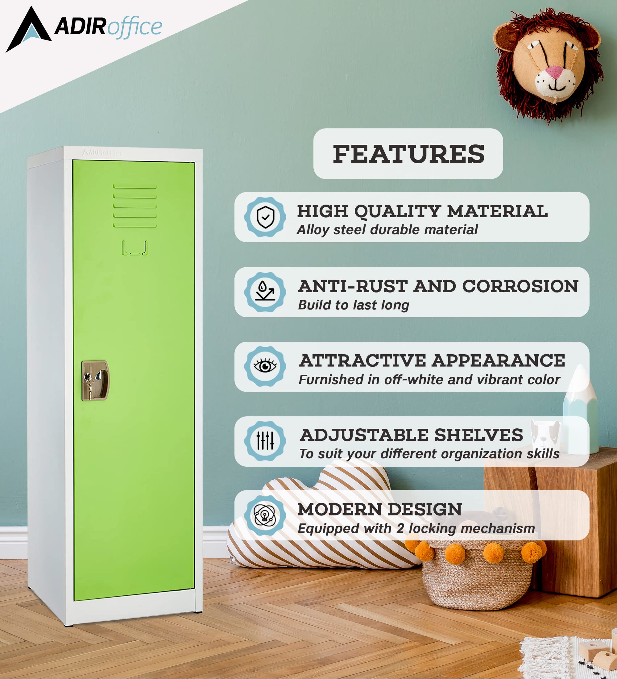 AdirOffice Kids Steel Metal Storage Locker with Key & Hanging Rods - 48 Inch Green School & Home Organizer for Clothes, Backpacks & Supplies - Perfect for Bedrooms, Dorm Rooms & Classrooms