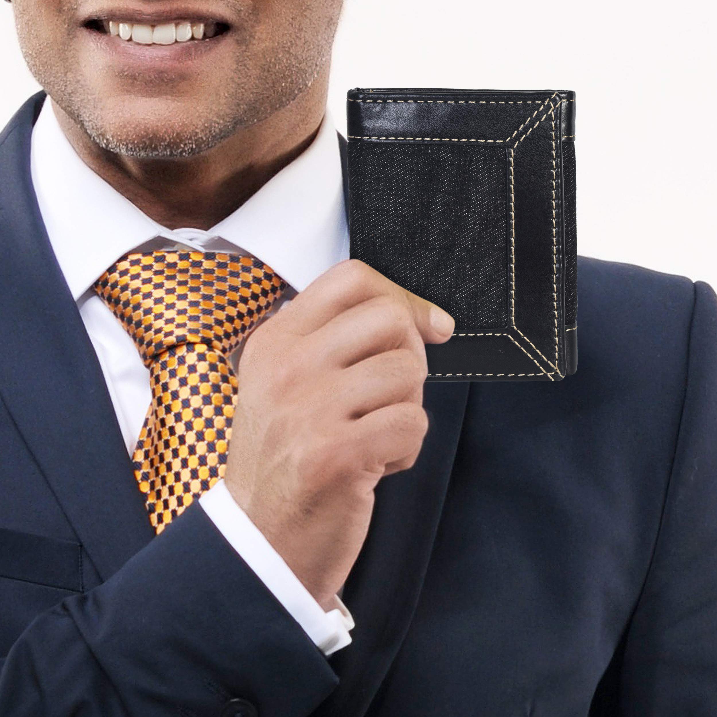 Premium Men's Slim Trifold Denim Wallet with ID Window & Credit Card Slots - Durable Designer Leather Wallet for Everyday Carry, Business & Travel - LeatherBoss