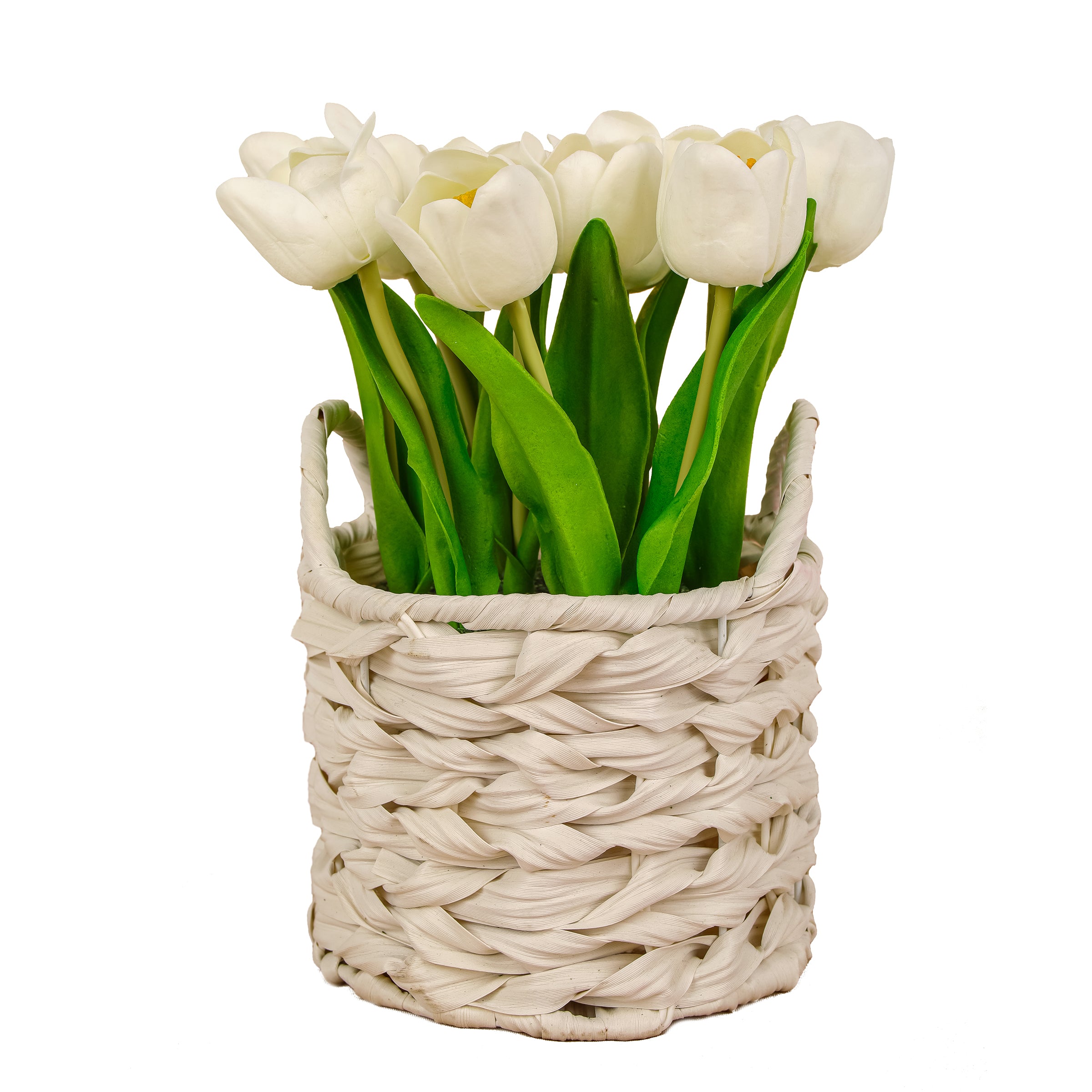 10 Inch Spring White Tulip Bouquet in White Basket - Perfect for Easter Decor, Wedding Centerpieces & Home Table Decorations