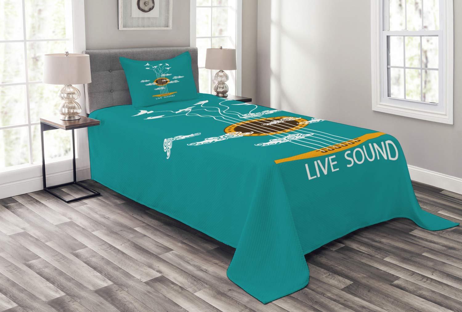 Ambesonne Guitar Bedspread Set - Abstract Music Themed Bedding with Birds on Strings & Clouds Design, 3-Piece Decorative Coverlet & 2 Pillow Shams, Twin Size in Turquoise Marigold White | Perfect for Music Lovers' Bedrooms, Dorm Rooms & Bohemian Decor