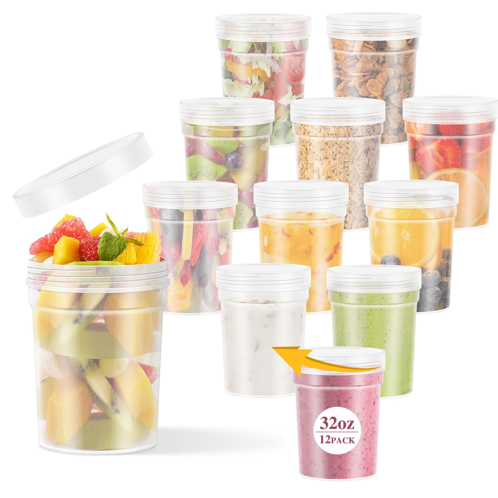 32 oz - 12 Pack BPA-Free Reusable Food Storage Containers with Lids | Leak Proof, Stackable, Microwave & Dishwasher Safe | Perfect for Meal Prep, Freezing, Leftovers & Deli Storage