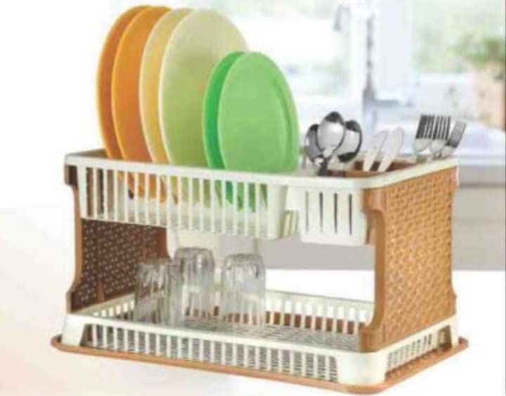 2-Tier Multifunctional Kitchen Organizer - Dish Drying Rack, Fruit & Vegetable Storage Stand with Drainage Tray - Space Saving Countertop Organizer for Small Kitchens (Golden Wood Finish) - Perfect for Drying Dishes, Storing Produce, and Organizing Countertops