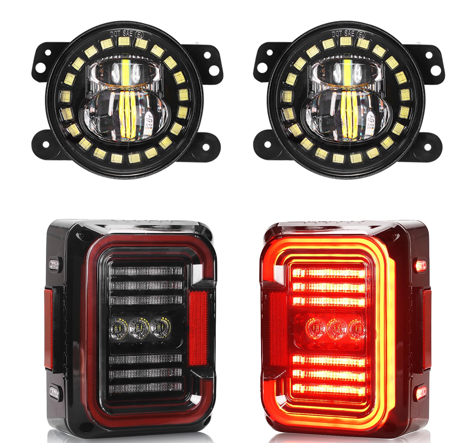 AUDEXEN JK LED Tail Lights with 4 Inch Fog Lights - Compatible with Jeep Wrangler JK 2007-2018 - Waterproof Off-Road Lighting for Night Driving & Adventure