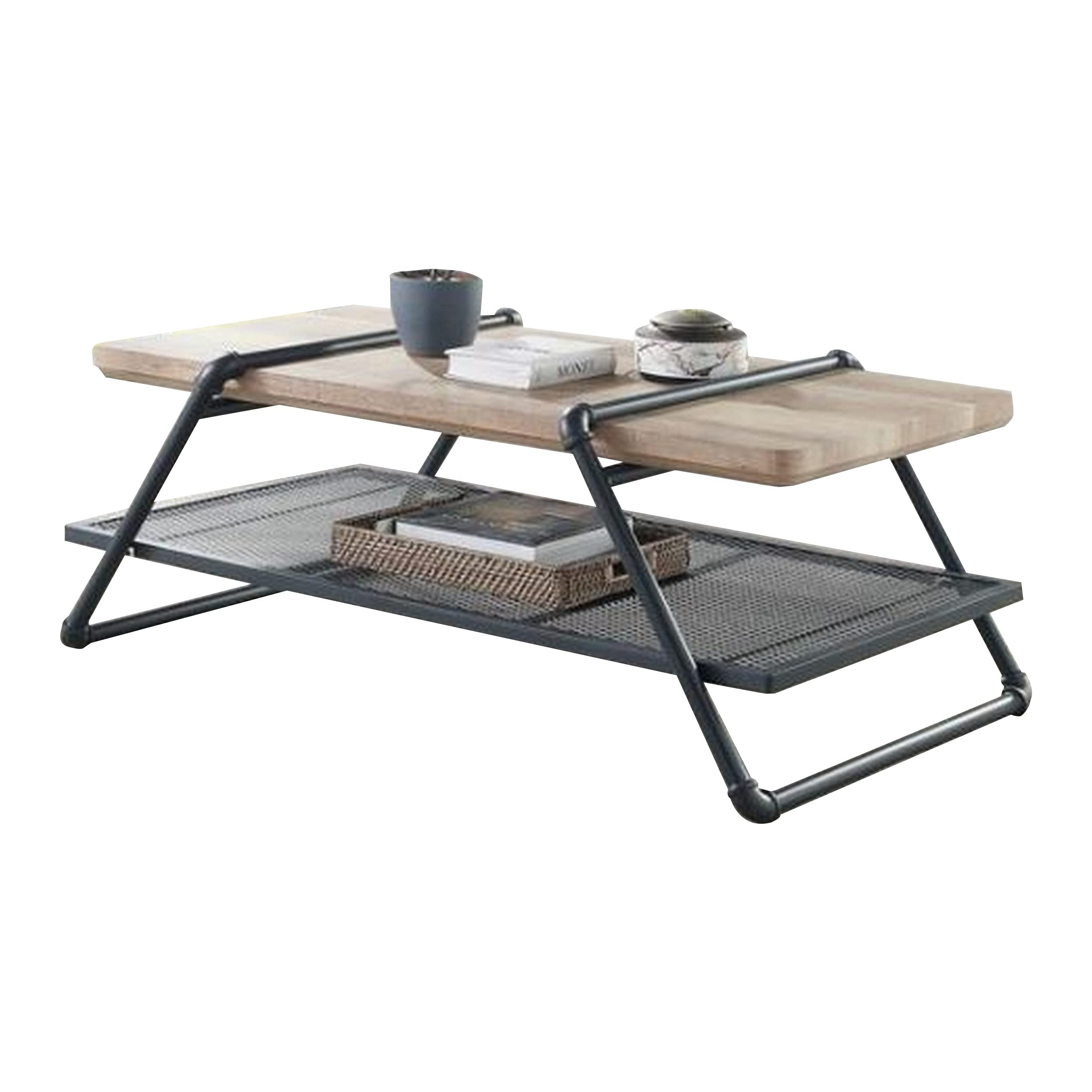Benjara Modern Coffee Table with Wooden Top & Metal Mesh Shelf - Brown & Black Finish for Living Room, Lounge, or Office Decor