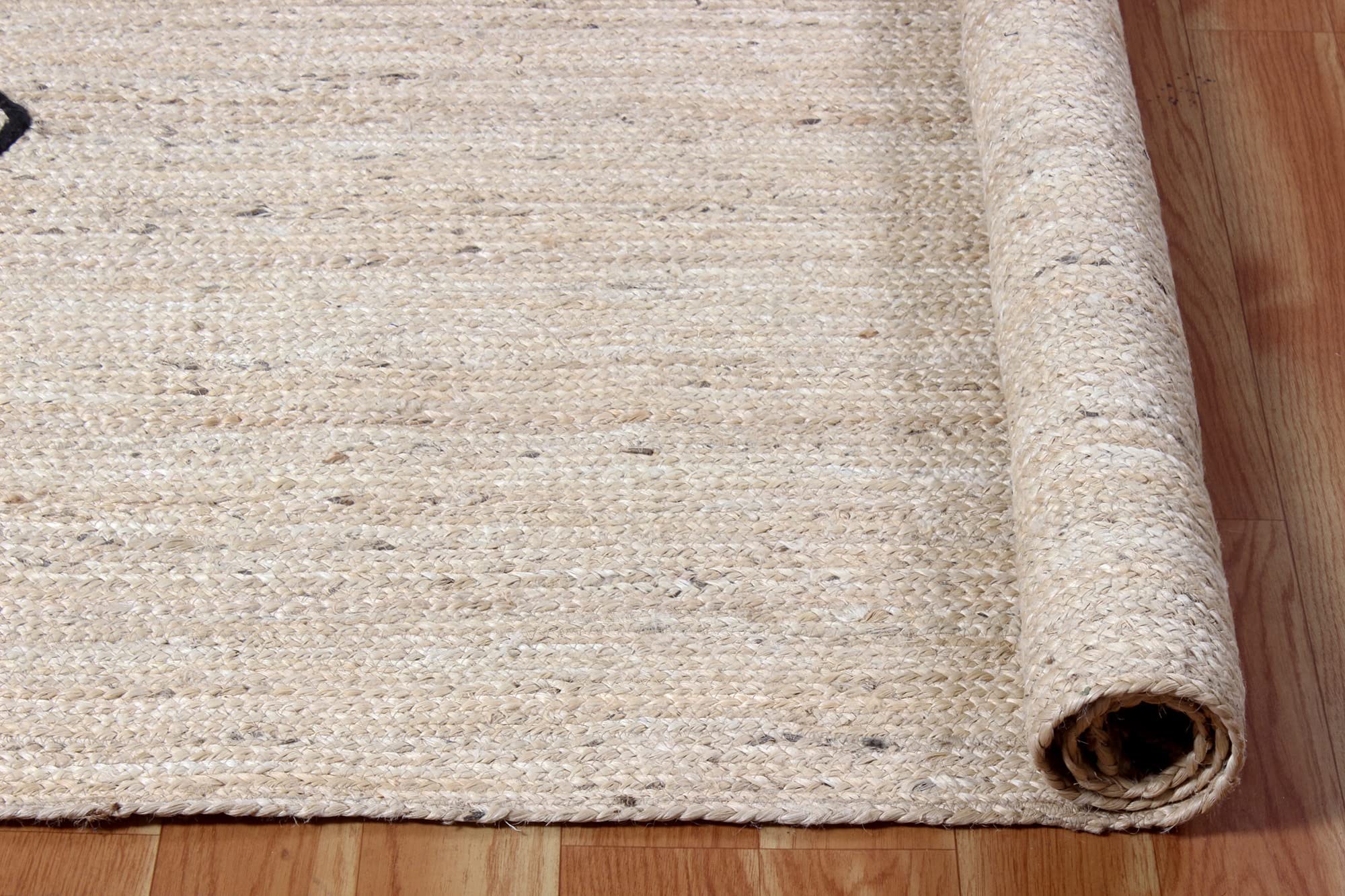 Handwoven Indian Jute Rug - Geometric Black & Beige 6x6 Feet Square Area Rug for Dining Room, Bedroom, Living Room, Nursery & Balcony - Eco-Friendly Home & Office Floor Decor