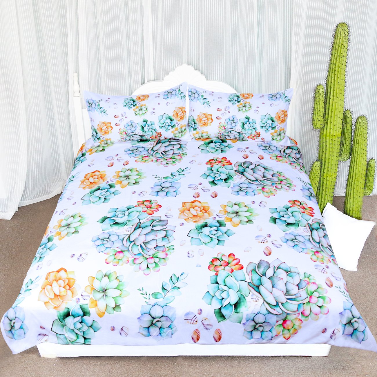 ARIGHTEX King Size Succulent Duvet Cover Set - Mint & Orange Floral Botanical Design, 100% Cotton Bedding for Master Bedroom - Perfect for Boho, Farmhouse & Nature-Inspired Home Decor