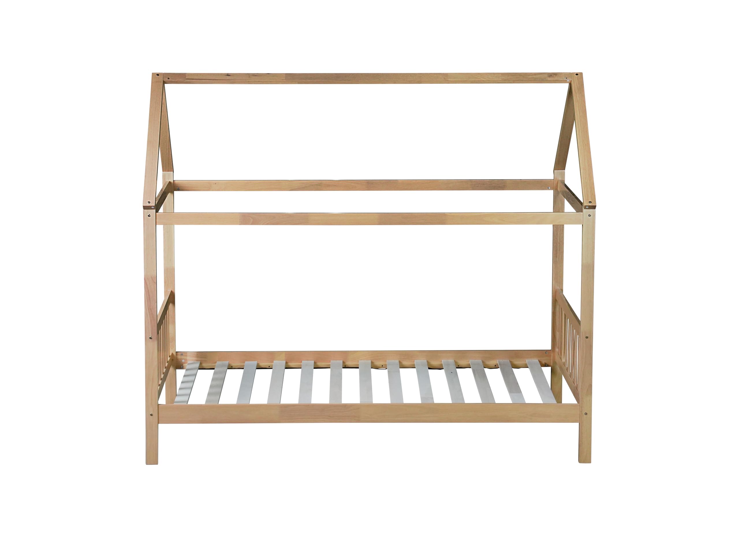 Montessori Twin Size House Bed for Kids - Solid Rubber Wood Platform Bed with Headboard, Footboard & Roof - Low Profile Bed Frame for Girls, Boys & Teens - Natural Wood Finish - Perfect for Bedrooms, Playrooms & Montessori Learning Spaces