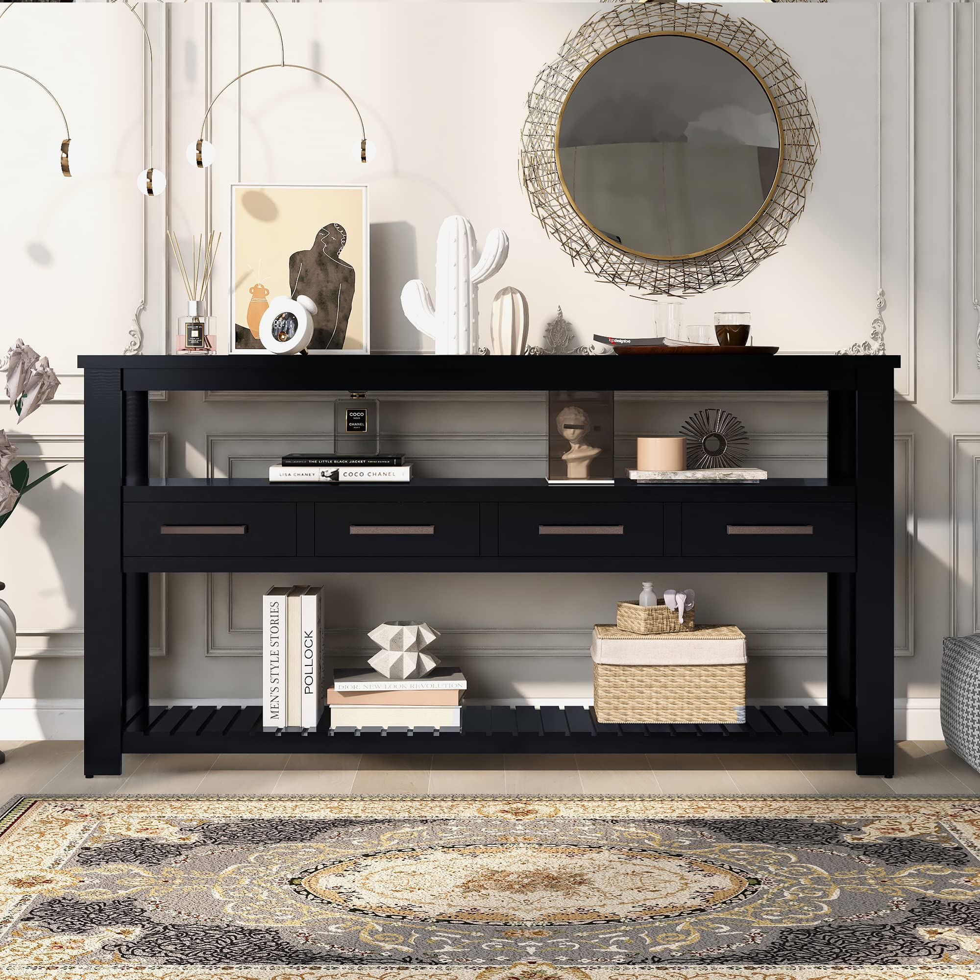 Merax Retro Style Entryway Console Table with 4 Drawers & 2 Shelves - Sofa Table for Living Room, Hallway & Corridor - Perfect for Small Space Organization & Home Décor (Black)