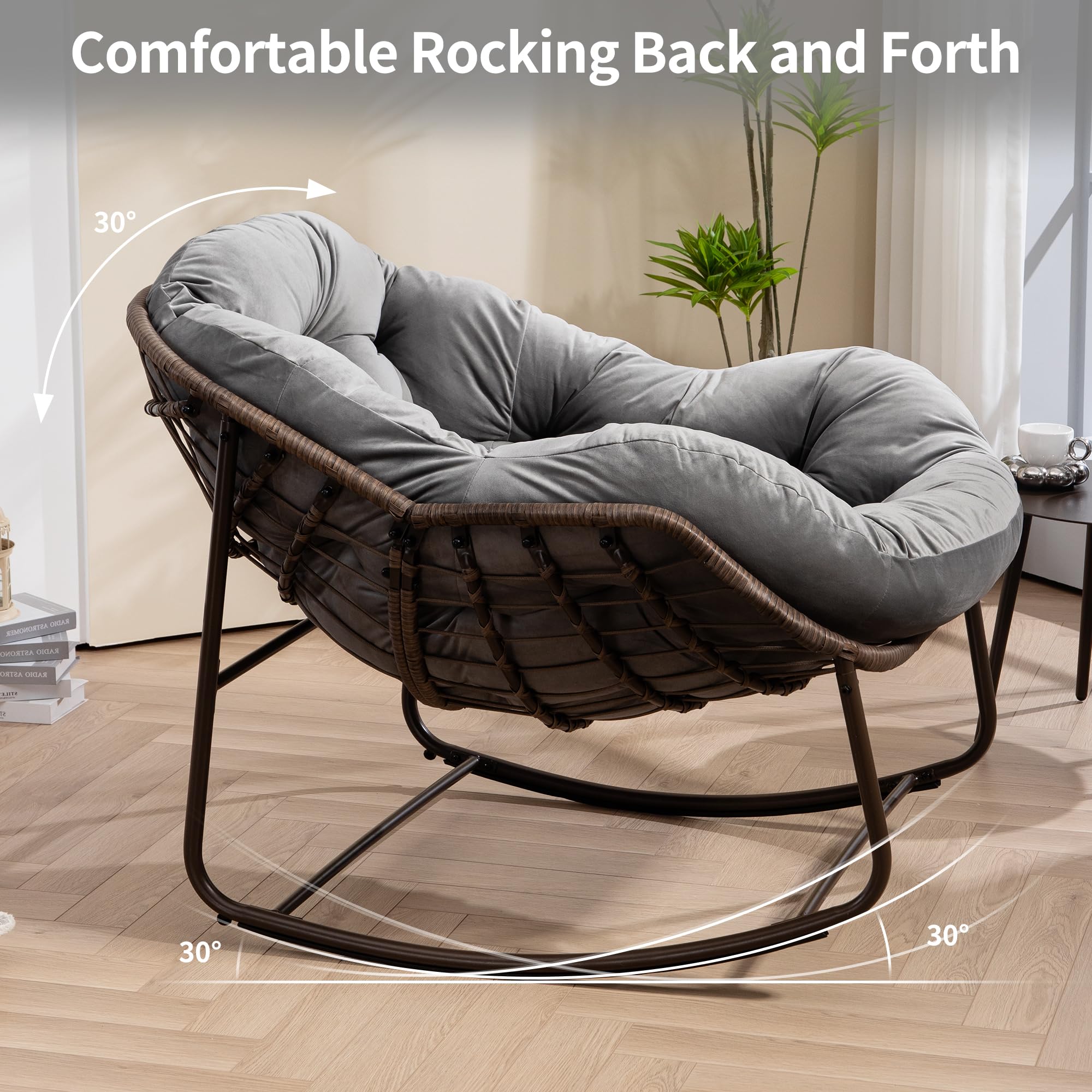 **Oversized Outdoor Papasan Rocking Chair - Comfy Patio Egg Chair with Cushion, Royal Rattan Design for Porch, Lawn, Bedroom & Living Room - Grey Velvet (Perfect for Relaxing, Reading & Sunbathing)**