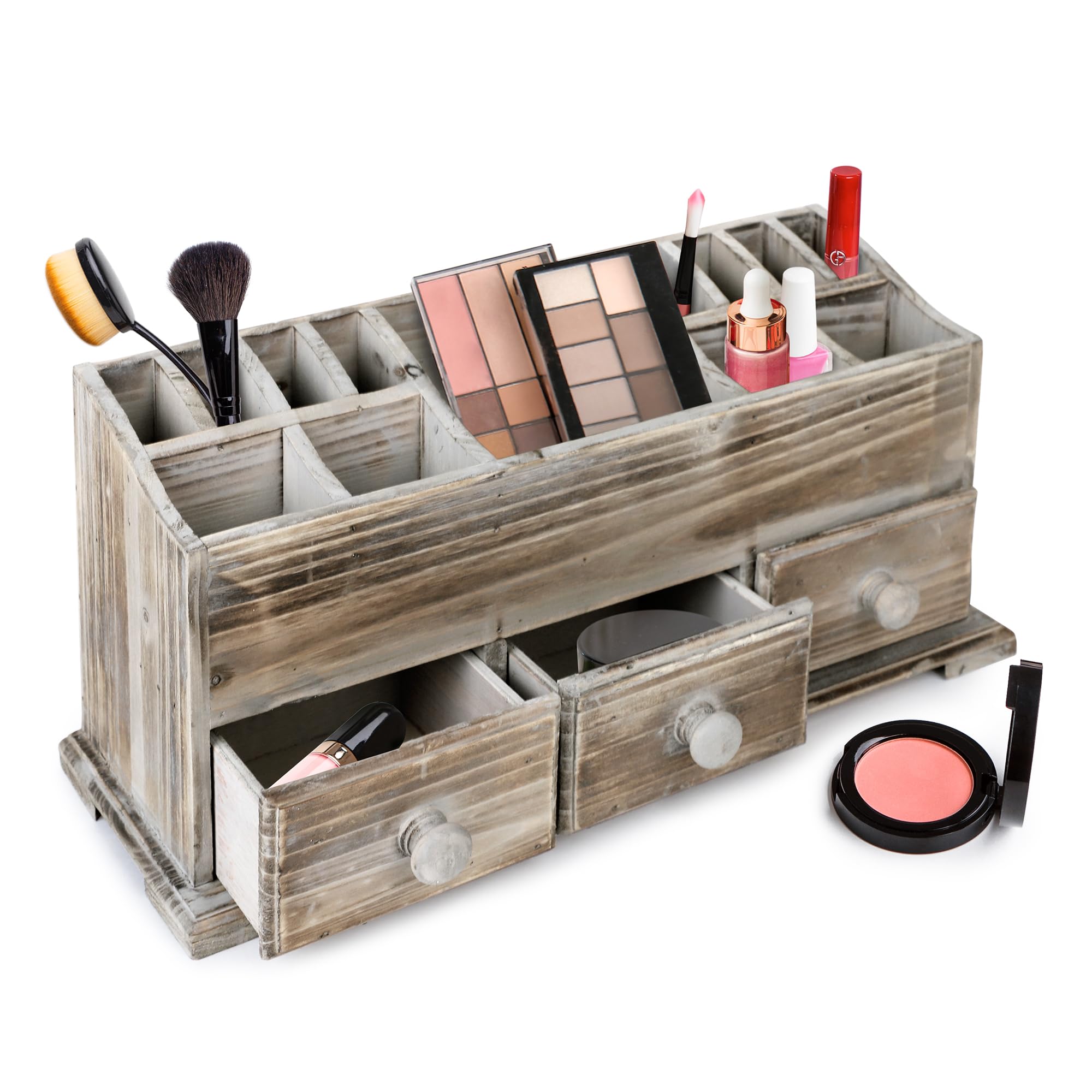 Besti Rustic Vanity Organizer - 3 Drawer Wooden Farmhouse Storage Box for Cosmetics, Makeup & Bathroom Accessories | Vintage Countertop, Dresser or Desk Organization | Perfect for Bedroom, Bathroom & Vanity Decor