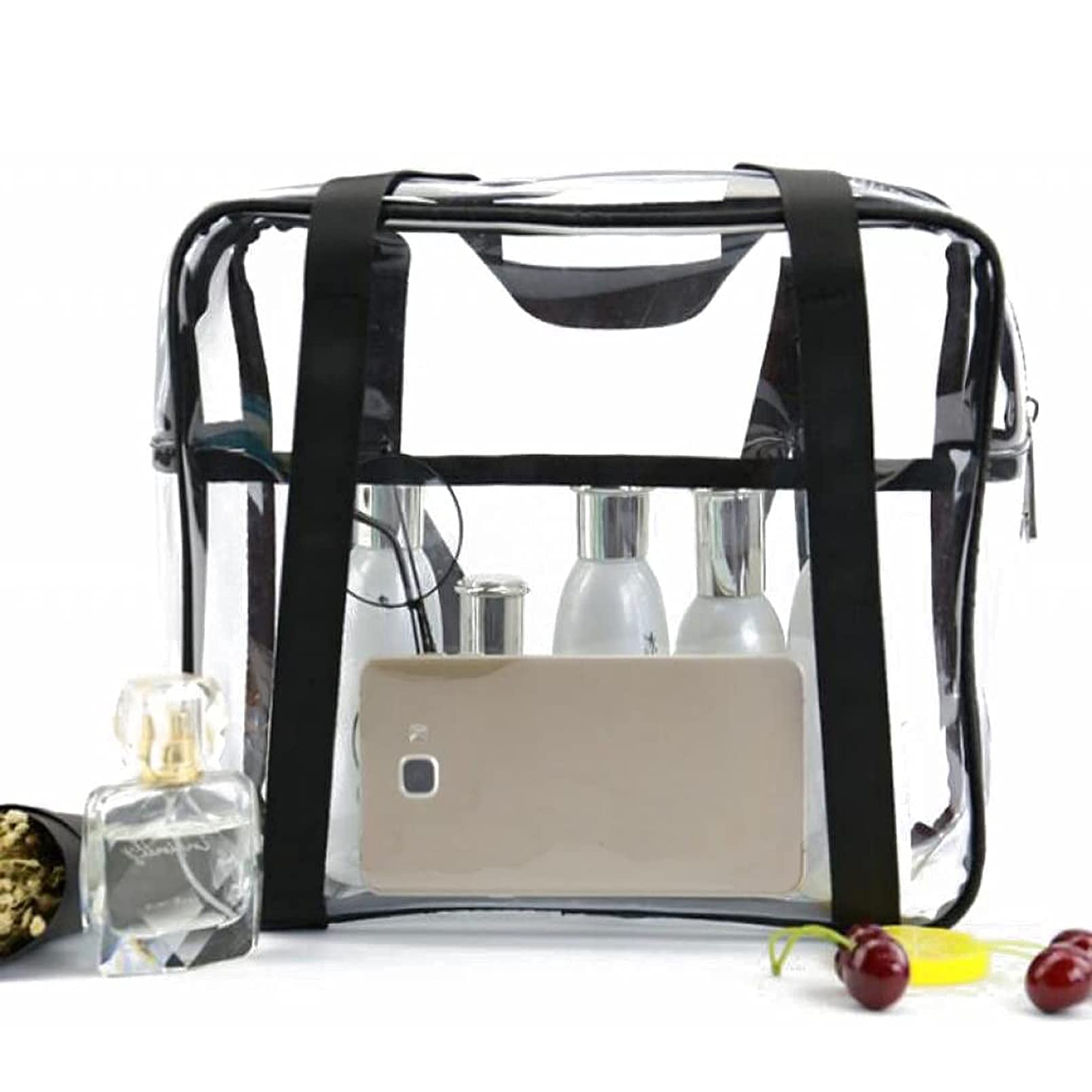 SxoSyo Large Clear Makeup Bag for Women - Transparent Travel Toiletry Organizer with Handle, Waterproof Cosmetic Storage Pouch (Black) | Perfect for Bathroom Organization, Gym Essentials & Airplane Carry-on