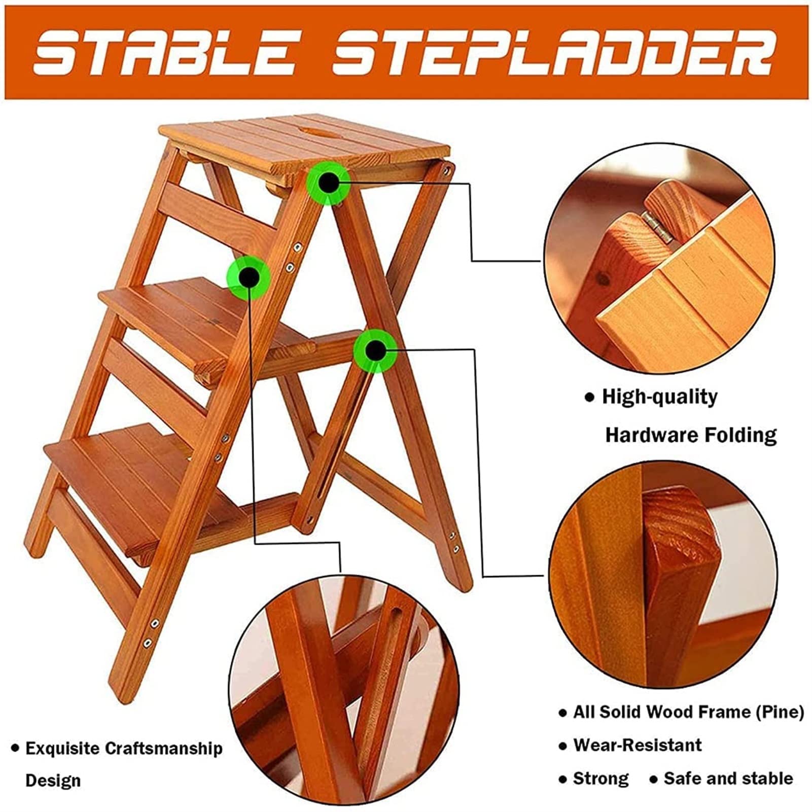 FADUNI 3-Step Wooden Folding Step Stool for Home, Library & Garden - Heavy Duty Indoor Climbing Stool with Non-Slip Surface | Perfect for Kitchen, Bathroom, Kids Room & Shelf Access