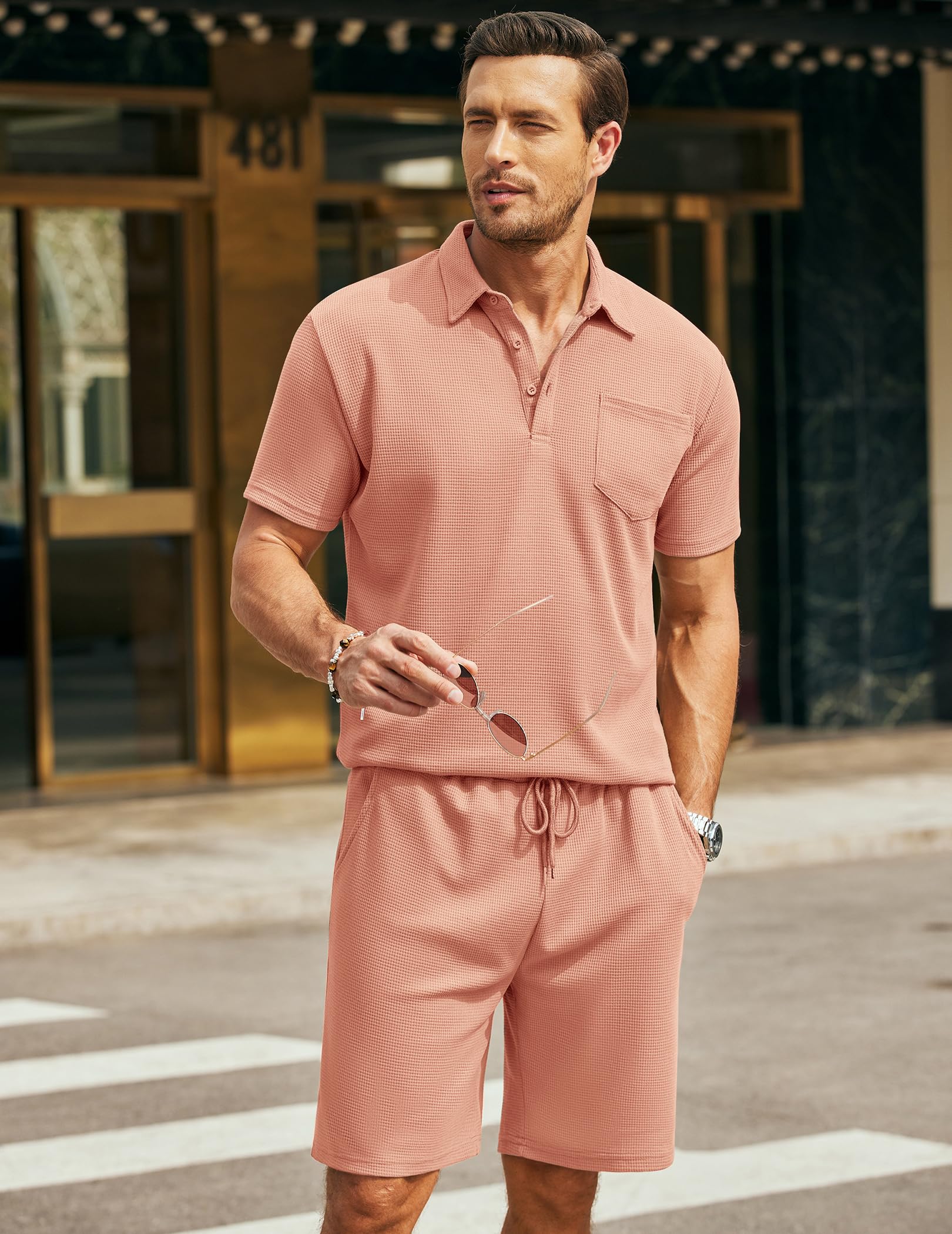 COOFANDY Men's Waffle Knit Polo Shirt & Shorts Set - 2 Piece Summer Casual Outfit with Pockets | Breathable Lounge Wear for Beach, Vacation & Everyday Comfort