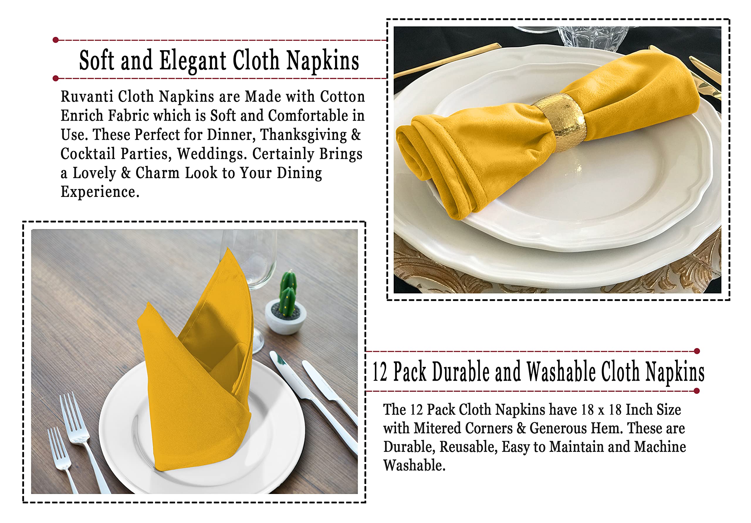 Premium 12-Pack Ruvanti Cotton Blend Cloth Napkins (18x18 Inches) - Soft, Durable & Highly Absorbent Washable Dinner Napkins for Restaurants, Weddings, Parties & Everyday Use - Mustard Color | Perfect for Fine Dining, Casual Meals & Special Events
