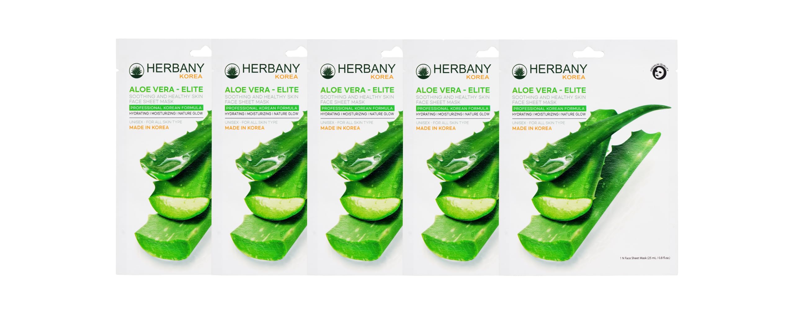 HERBANY KOREA Aloe Vera Face Mask Pack of 5 - Soothing & Hydrating Sheet Mask for Healthy Skin, Korean Skincare for Men & Women - 25ml Each - Perfect for Dry Skin Care & Post-Sun Recovery