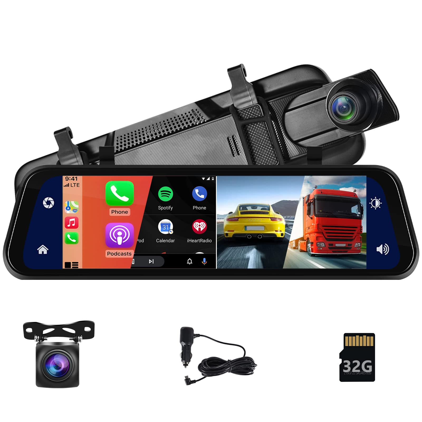 9.66 Inch Wireless Bluetooth Carplay Dash Cam with Rearview Mirror & Reversing Camera - 1080P HD Touch Screen, Night Vision, G-Sensor, 32GB SD Card (140° Front/170° Rear View) - Perfect for Safe Driving, Parking Assistance & Road Trip Recording