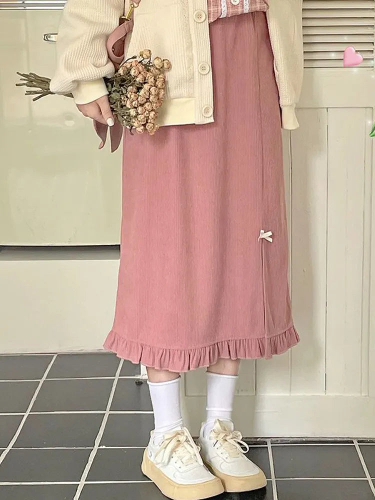 Japanese Kawaii 3-Piece Women's Outfit - Elegant Bow Midi Skirt Suit Set in Pink Plaid | Korean Fashion Style for Parties, Dating & Autumn 2024 | Perfect for Office Wear, Tea Dates & Special Occasions
