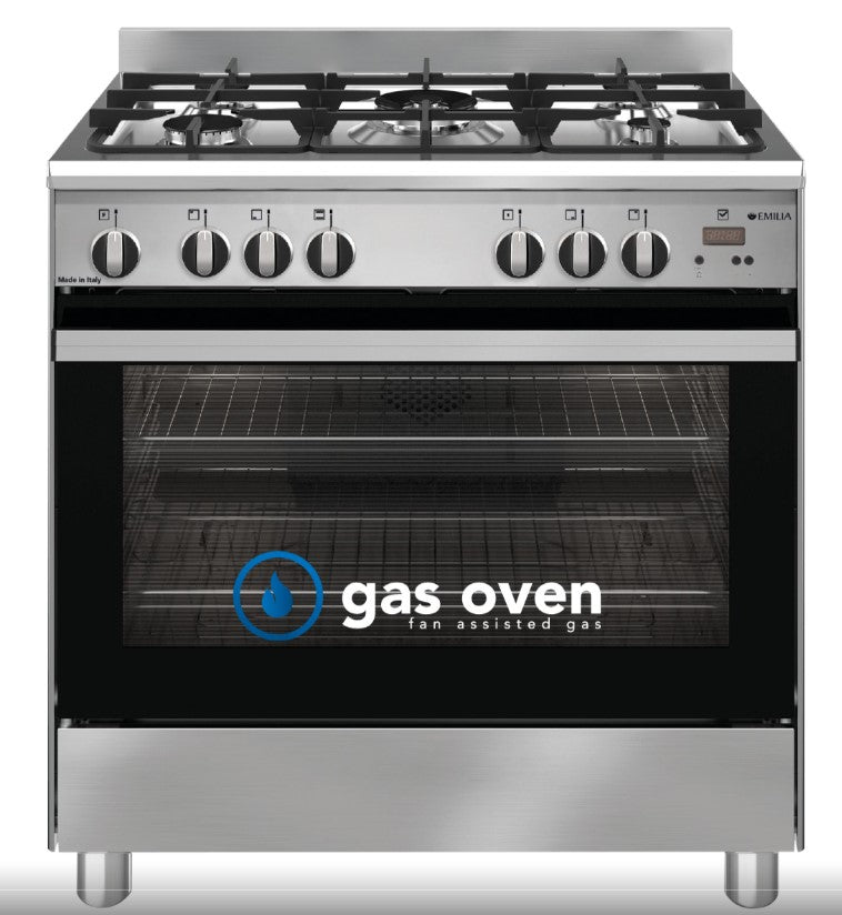 Emilia EM865GGXN 80cm Black Stainless Steel Gas Cooker with Fan Assisted Oven - Perfect for Home Kitchens & Professional Cooking