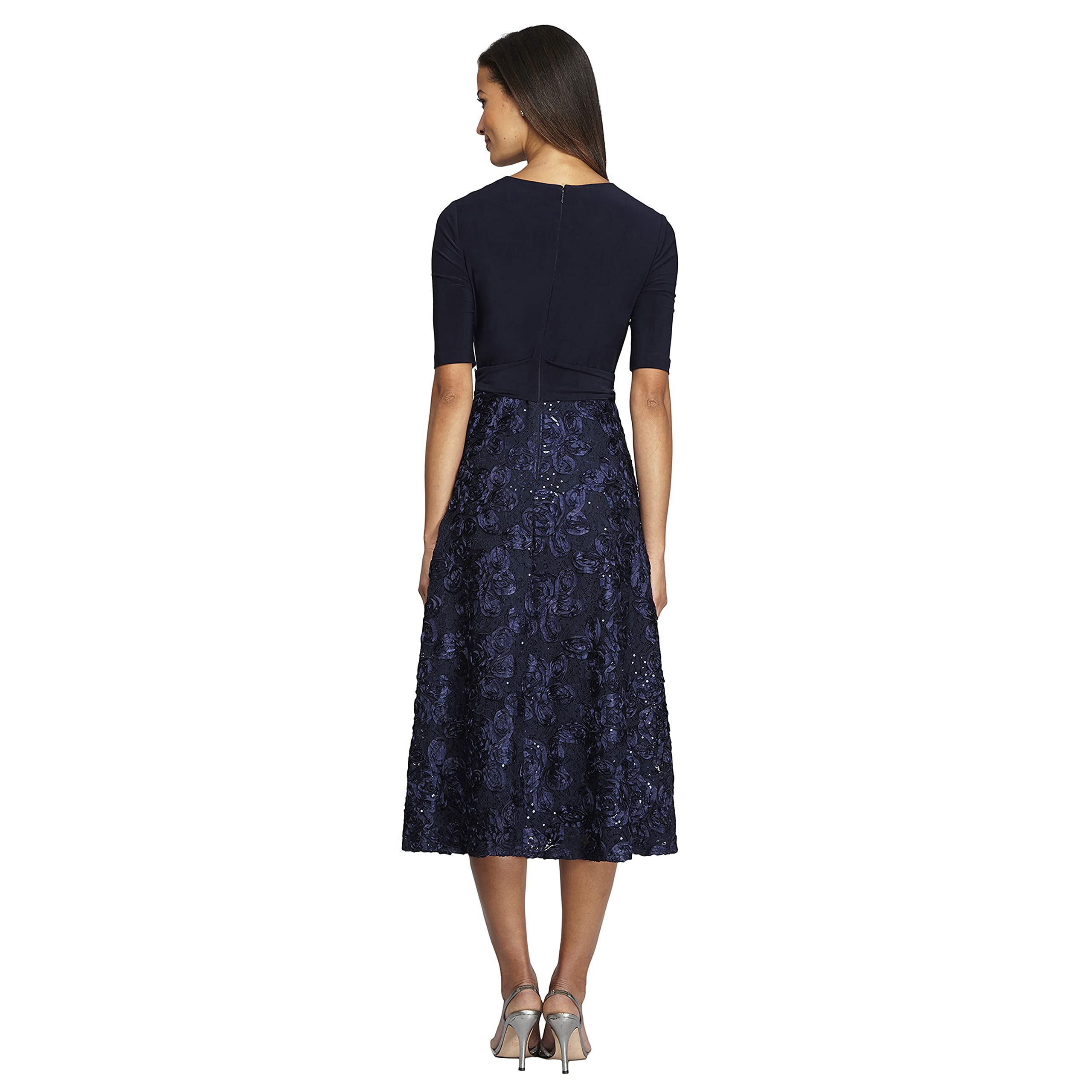 Alex Evenings Women's Navy Tie Front Tea Length Jersey & Rosette Lace Dress - Petite & Regular Sizes (6P) - Perfect for Cocktail Parties, Weddings & Formal Events
