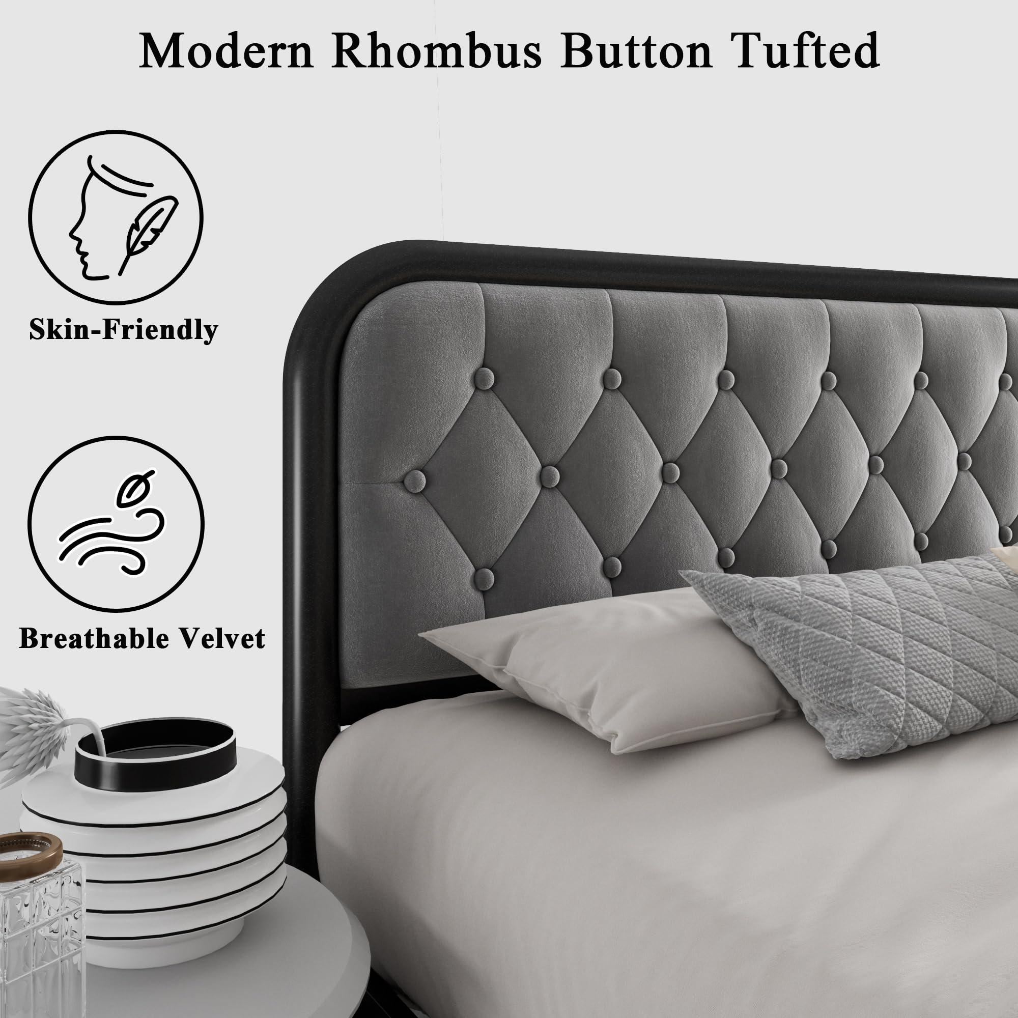 Feonase King Size Bed Frame with Upholstered Platform & Button Tufted Headboard - Modern Sturdy Metal Slat Support, 12