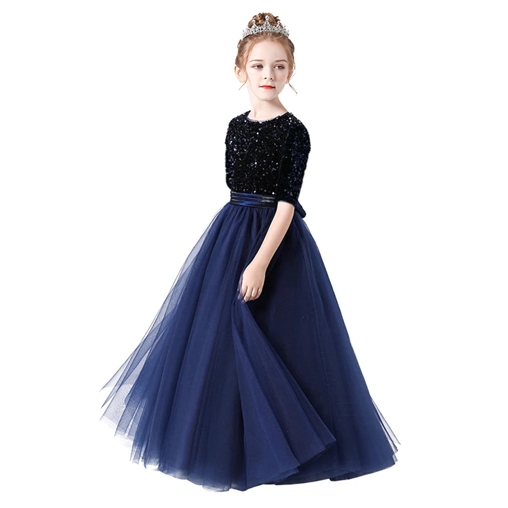 Sparkly Sequin Half-Sleeve Christmas Party Dress for Girls - Elegant Long Tulle Pageant Gown for Concerts, Birthdays & Holiday Celebrations