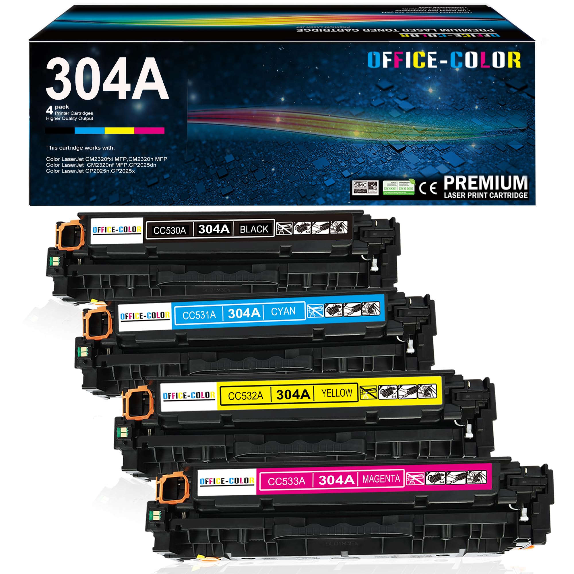 4-Pack 304A Toner Cartridges Replacement for HP Color LaserJet CP2025, CM2320fxi MFP, CM2320nf MFP, CM2320n MFP, CP2025dn, CP2025n Printers - Black, Cyan, Magenta, Yellow | High-Quality Compatible Ink | Perfect for Office & Home Printing Needs