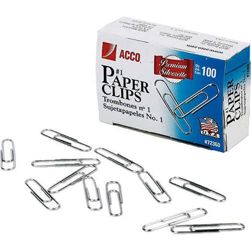 ACCO Brands Premium Smooth Paper Clips - Size #1, 0.036 Gauge, 100-Pack (ACC72360) - Perfect for Office, School & Home Organization