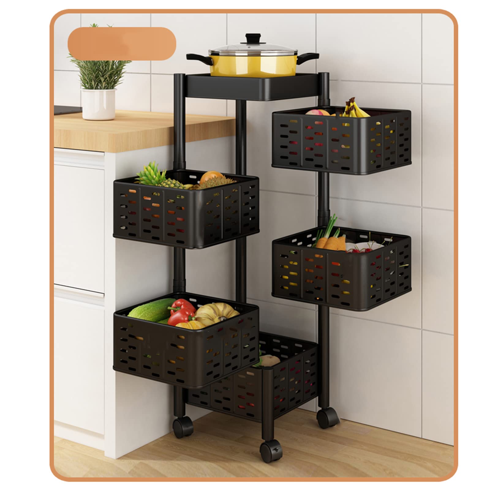 5-Tier Rotating Vegetable Basket - Black Space-Saving Kitchen Organizer for Fruits, Vegetables & Pantry Storage - Perfect for Small Kitchens & Pantries